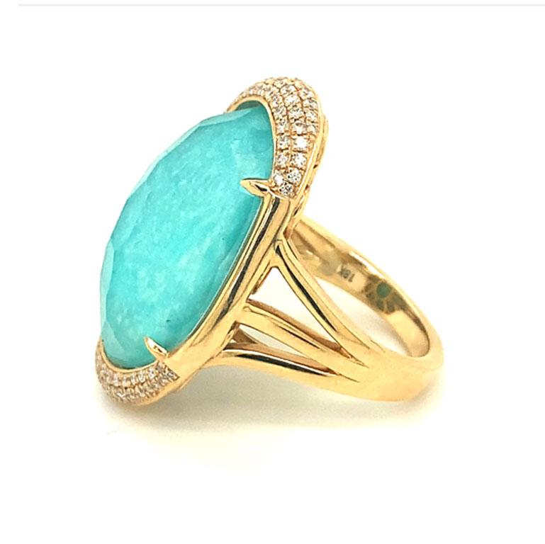 Women's 18 Karat Gold Cocktail Ring with Amazonite, Rock Crystal Quartz and Diamonds For Sale