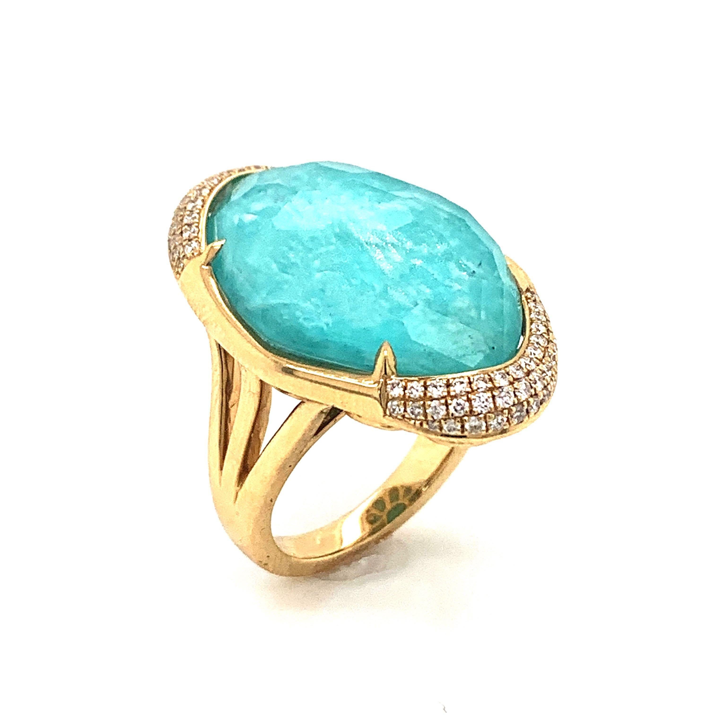 18 Karat Gold Cocktail Ring with Amazonite, Rock Crystal Quartz and Diamonds For Sale 1