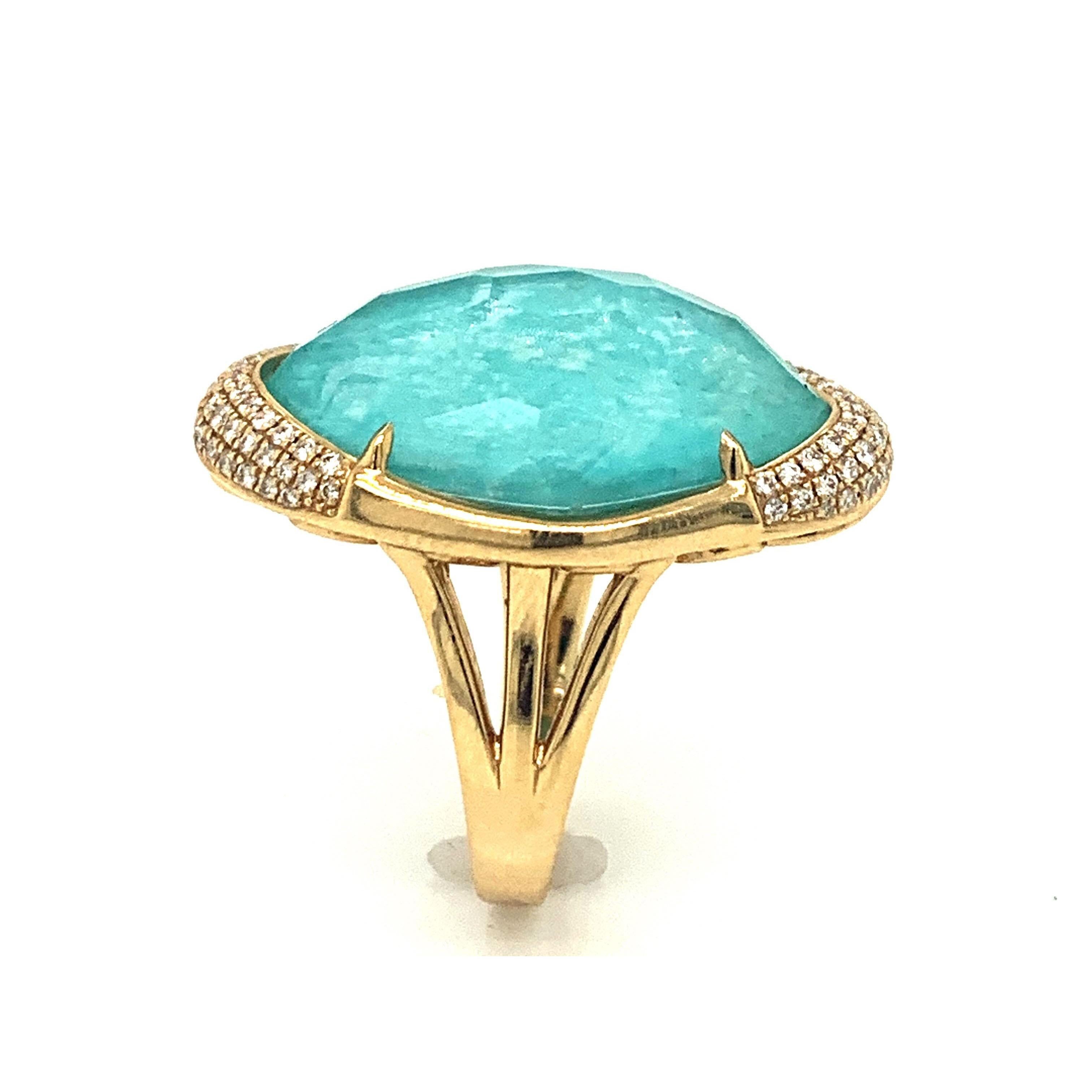 18 Karat Gold Cocktail Ring with Amazonite, Rock Crystal Quartz and Diamonds For Sale 2