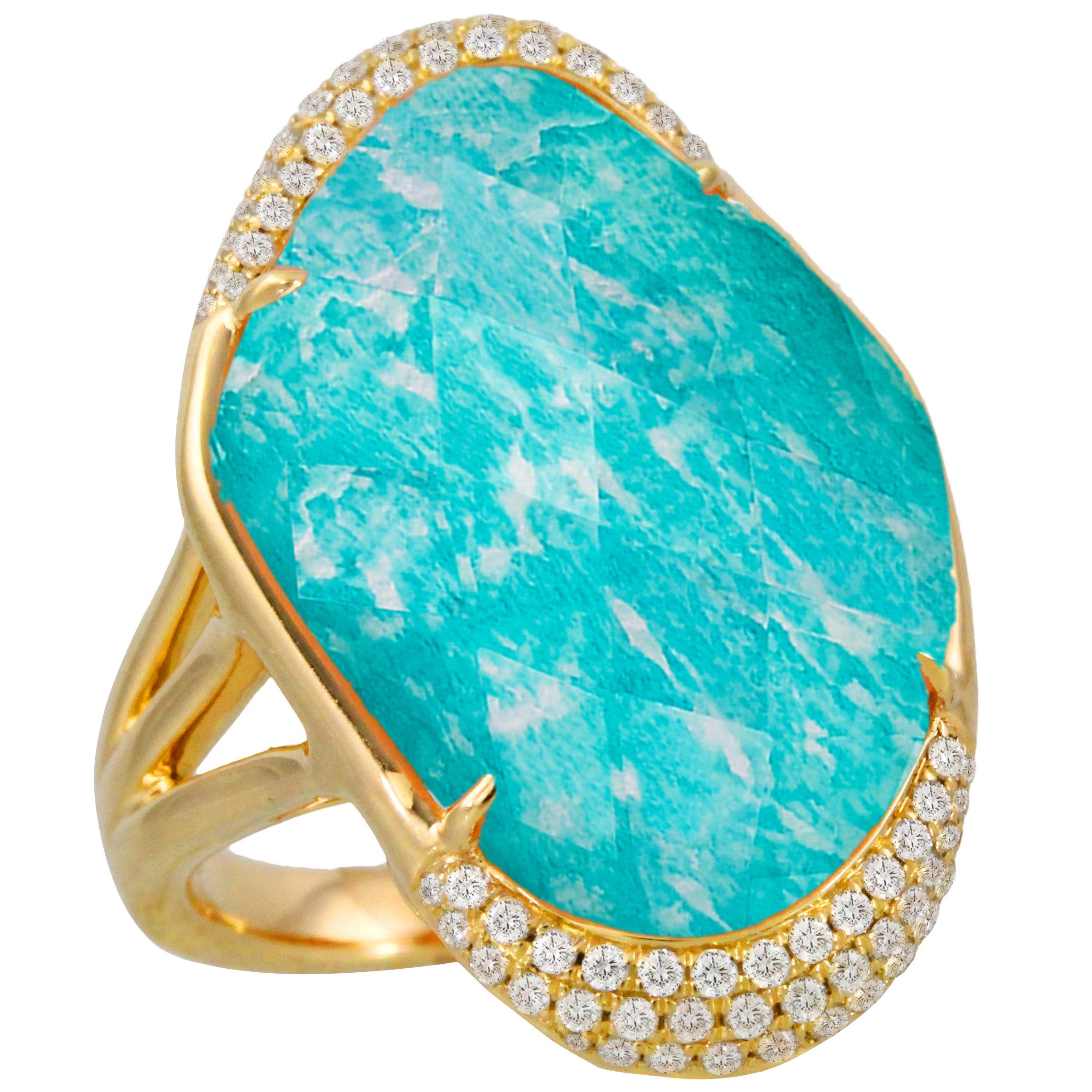 18 Karat Gold Cocktail Ring with Amazonite, Rock Crystal Quartz and Diamonds For Sale