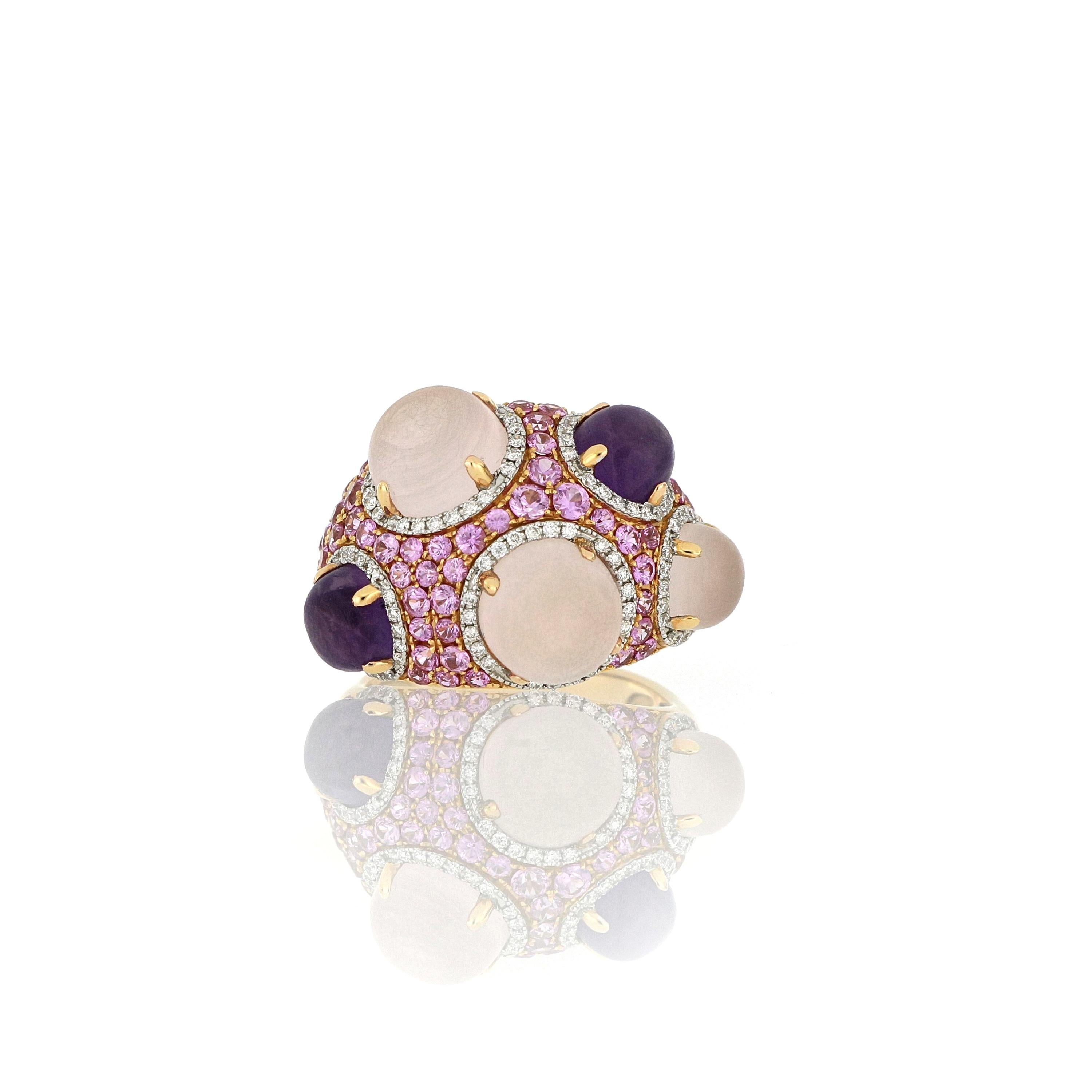 Contemporary 18 Karat Gold Cocktail Ring with Amethyst, Pink Sapphire, Quartz and Diamonds For Sale