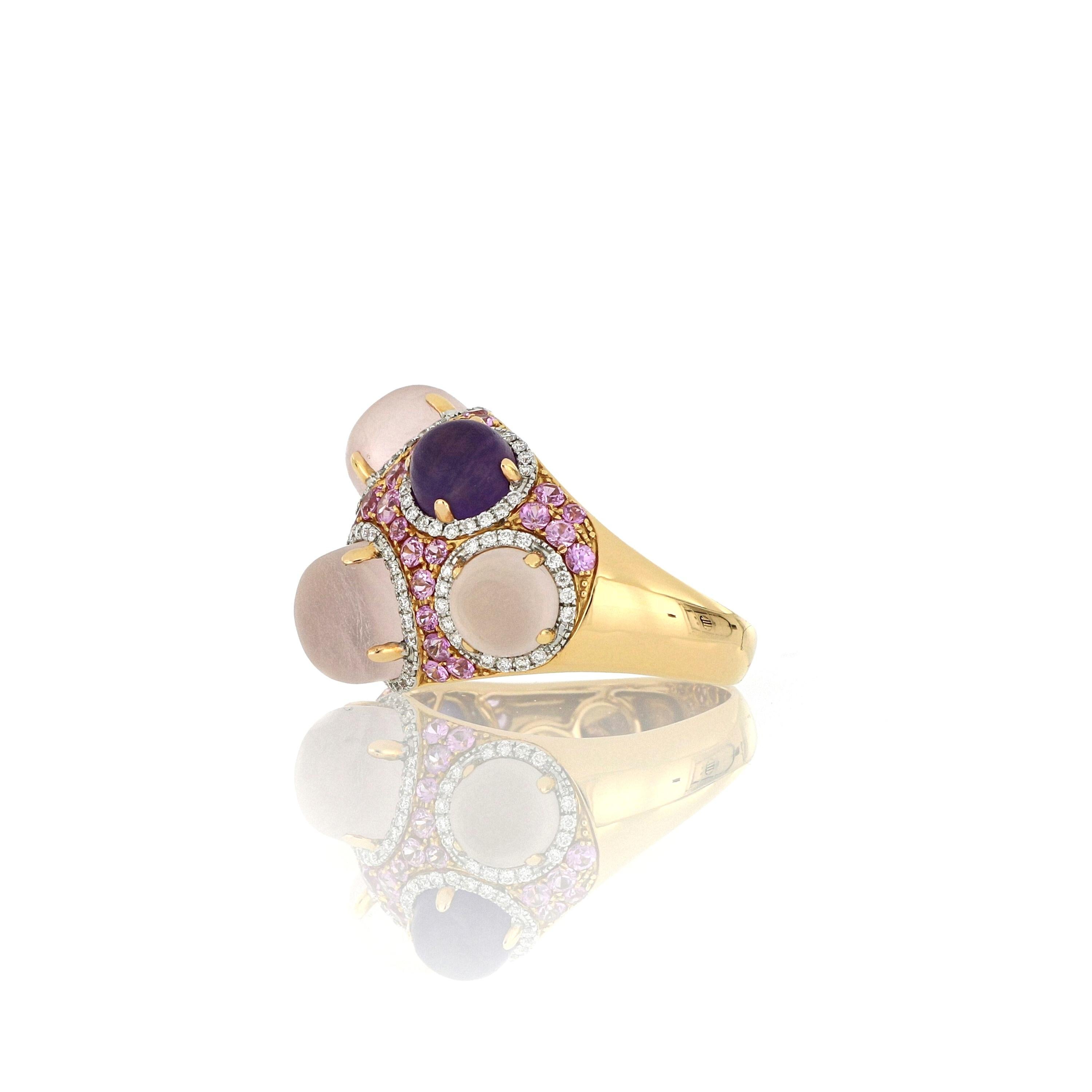 Brilliant Cut 18 Karat Gold Cocktail Ring with Amethyst, Pink Sapphire, Quartz and Diamonds For Sale