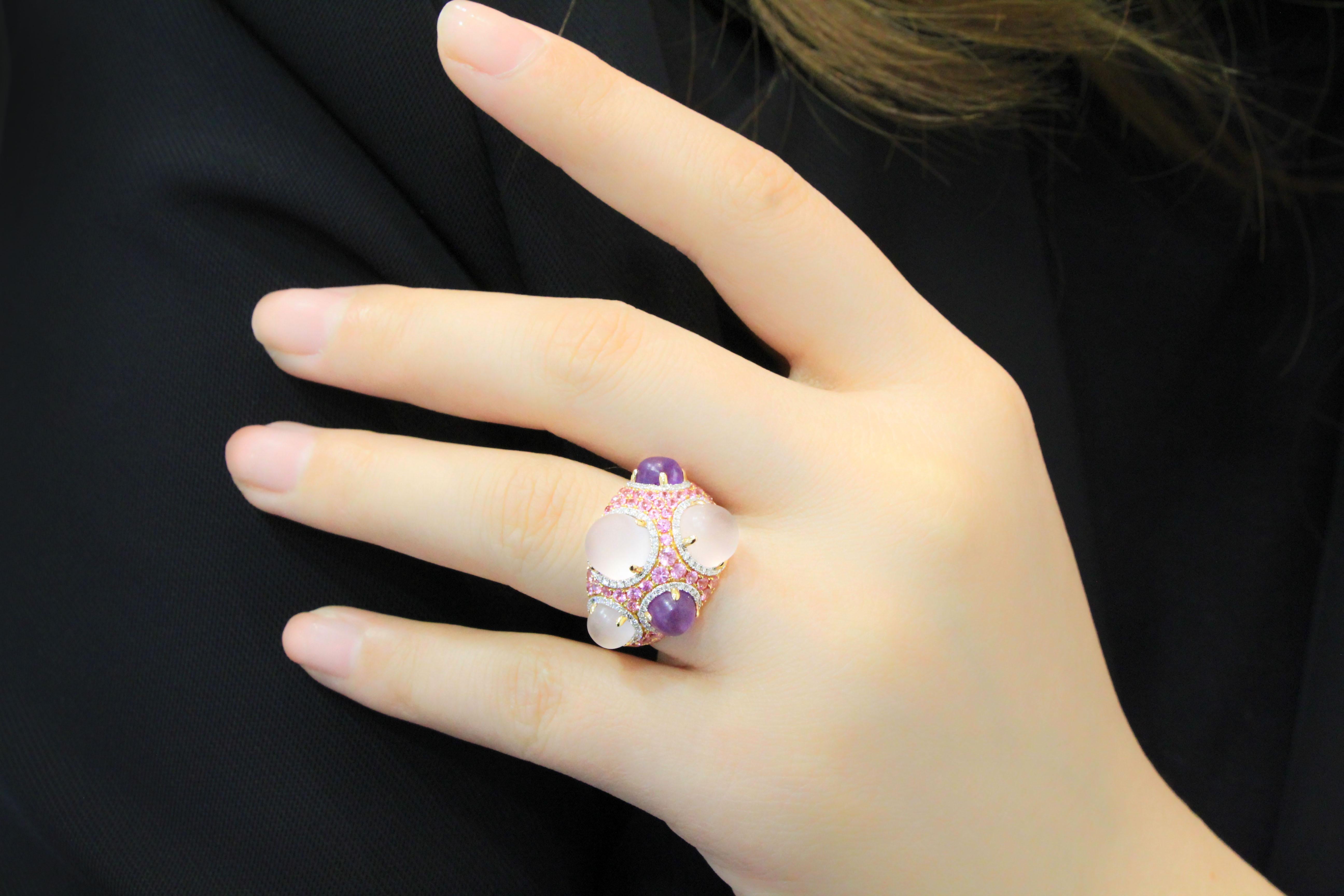 18 Karat Gold Cocktail Ring with Amethyst, Pink Sapphire, Quartz and Diamonds In New Condition For Sale In Macau, MO