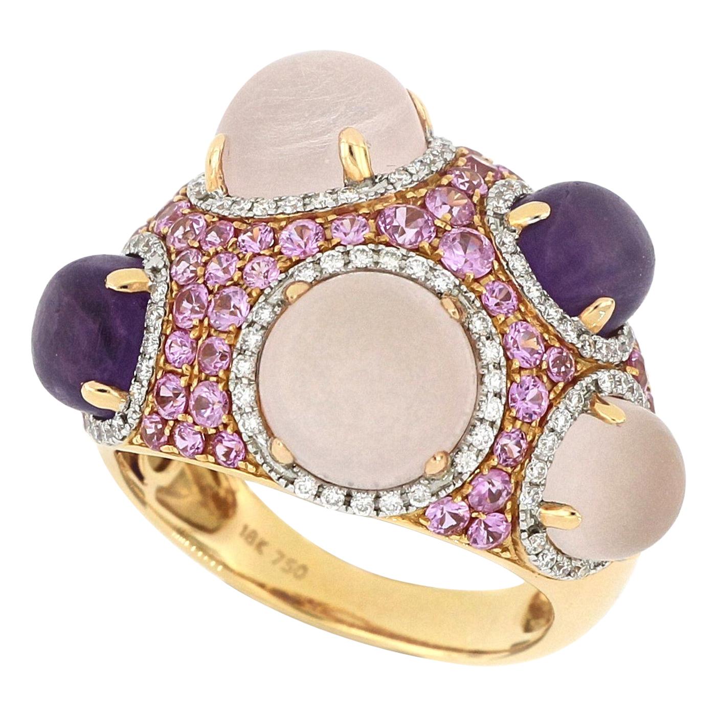 18 Karat Gold Cocktail Ring with Amethyst, Pink Sapphire, Quartz and Diamonds For Sale