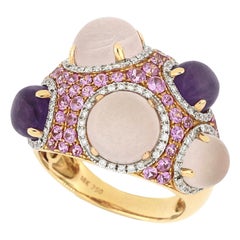 18 Karat Gold Cocktail-Ring mit Amethyst, rosa Saphir, Quarz und Diamanten