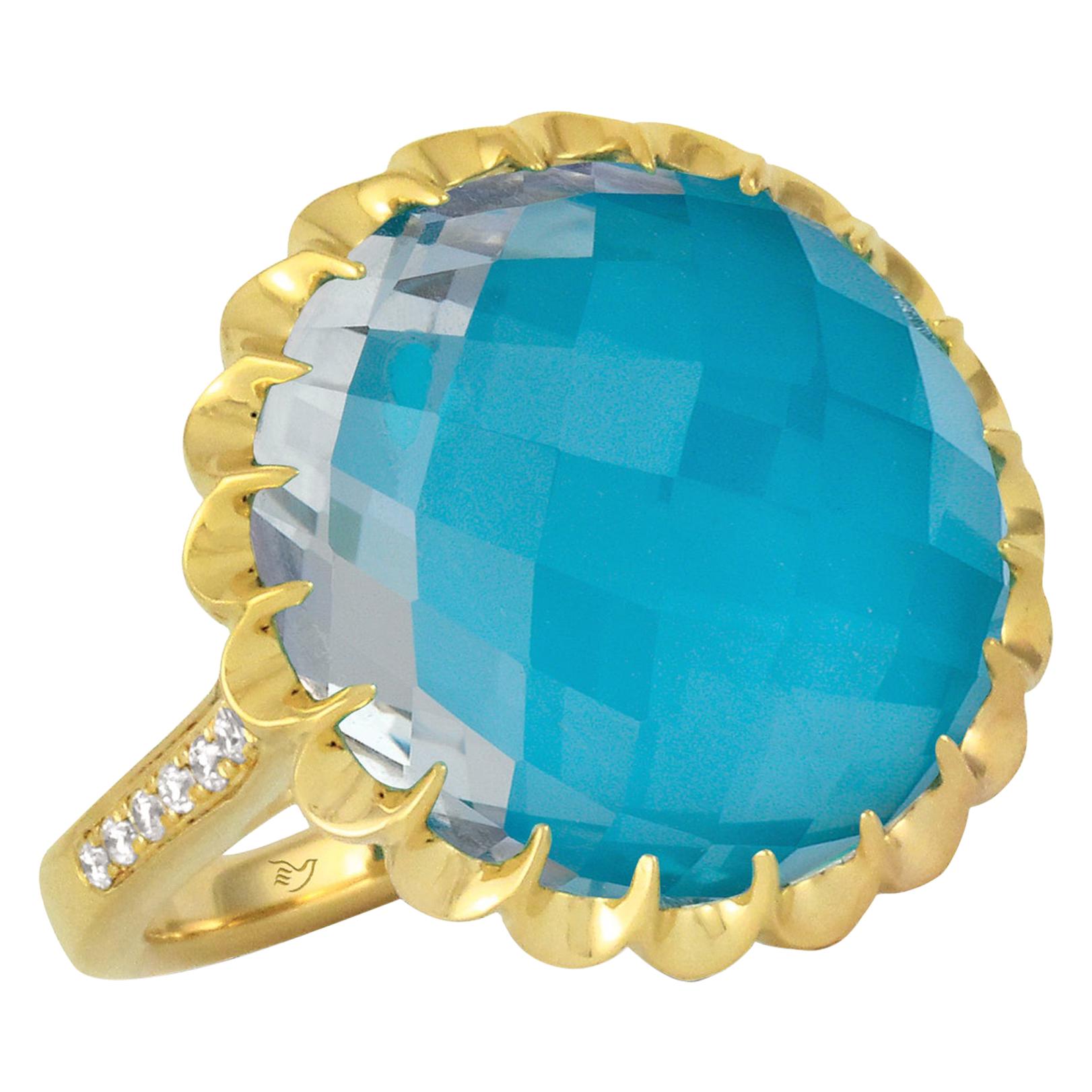 18 Karat Gold Cocktail Ring with White Topaz, Arizona Turquoise and Diamonds For Sale