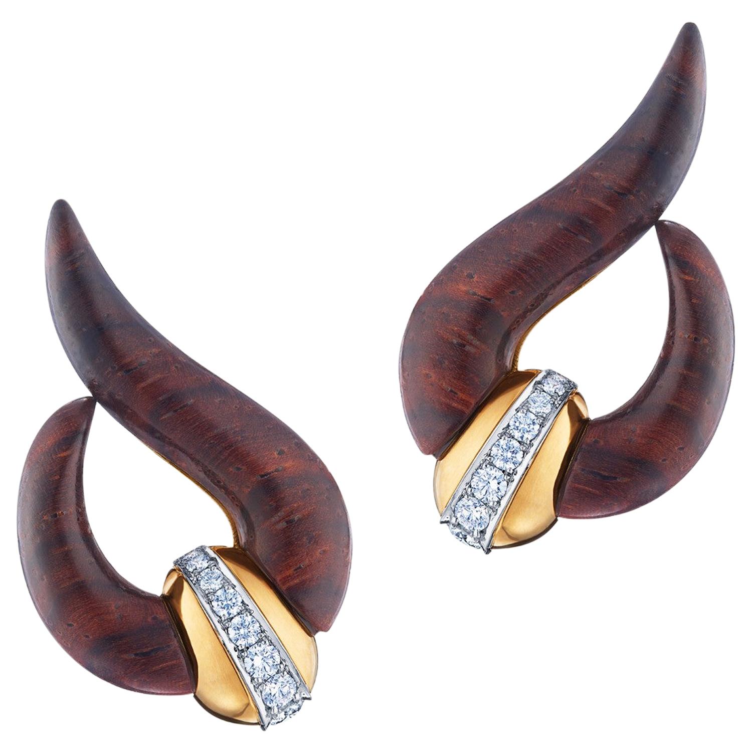 18 Karat Gold Cocobolo Wood and Diamond Wave Earrings Signed Fred Leighton For Sale