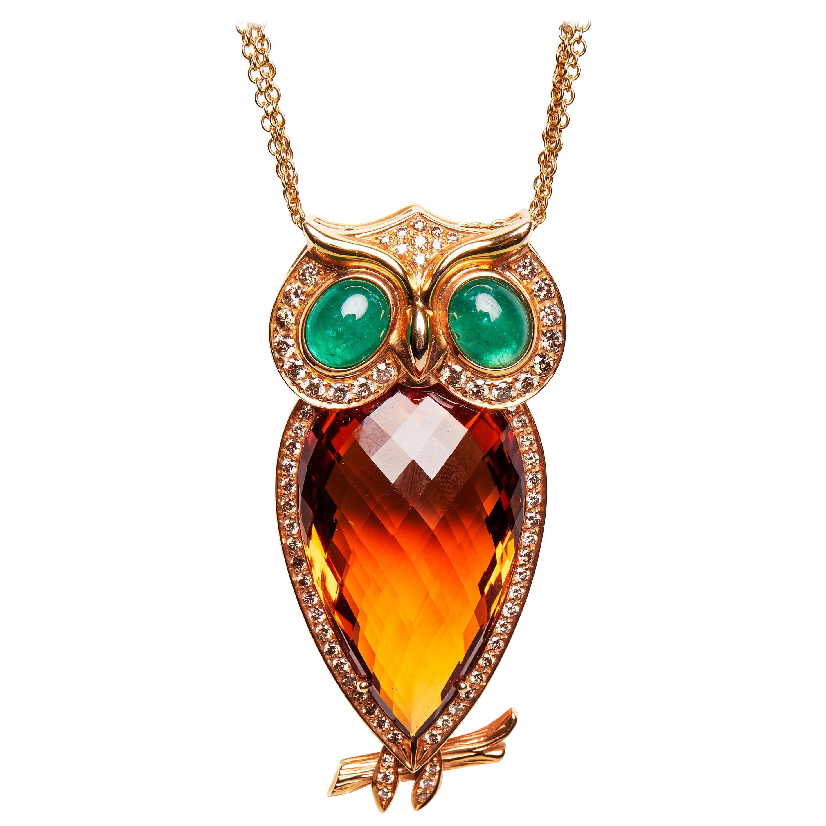 18 Karat Gold Cognac Diamonds Citrine Palm and Emerald Owl Pendant and Chain