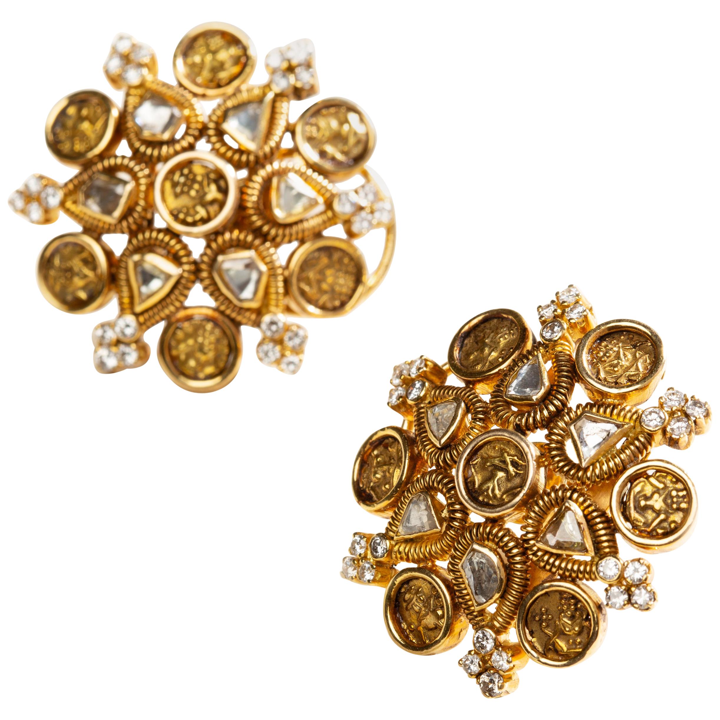 18 Karat Gold Coin Yogi Earrings with Diamond and White Sapphires For Sale
