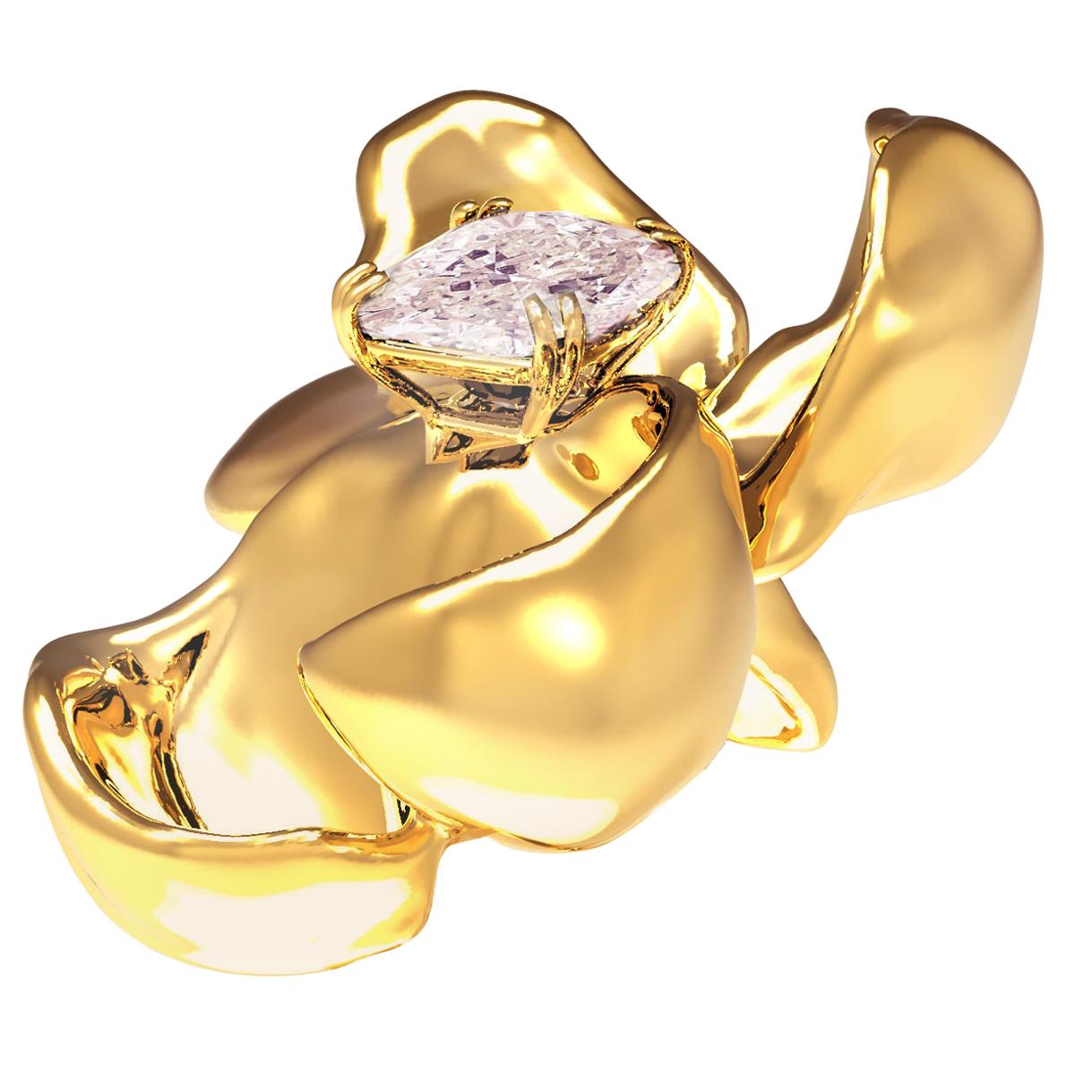 Yellow Gold Contemporary Brooch with GIA Certified Fancy Purple Pink Diamond For Sale