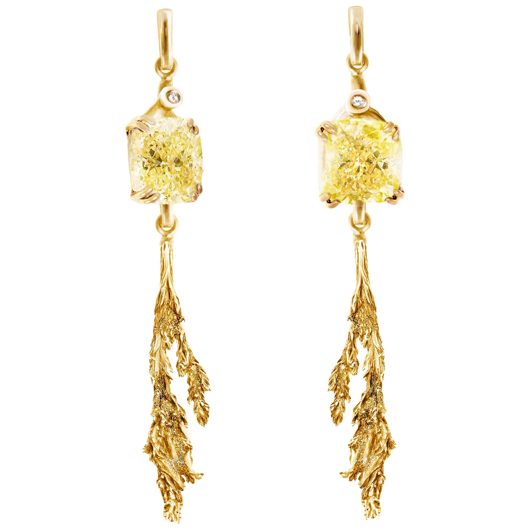 Four Carats Yellow Diamonds Yellow Gold Contemporary Dimensional Earrings