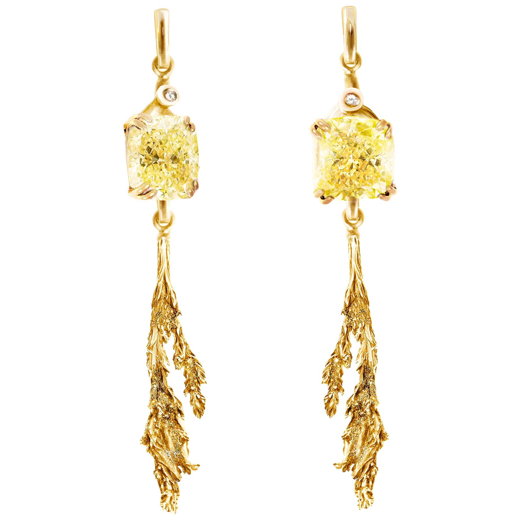 Yellow Gold Contemporary Earrings with GIA Certified Four Carats Yellow Diamonds For Sale