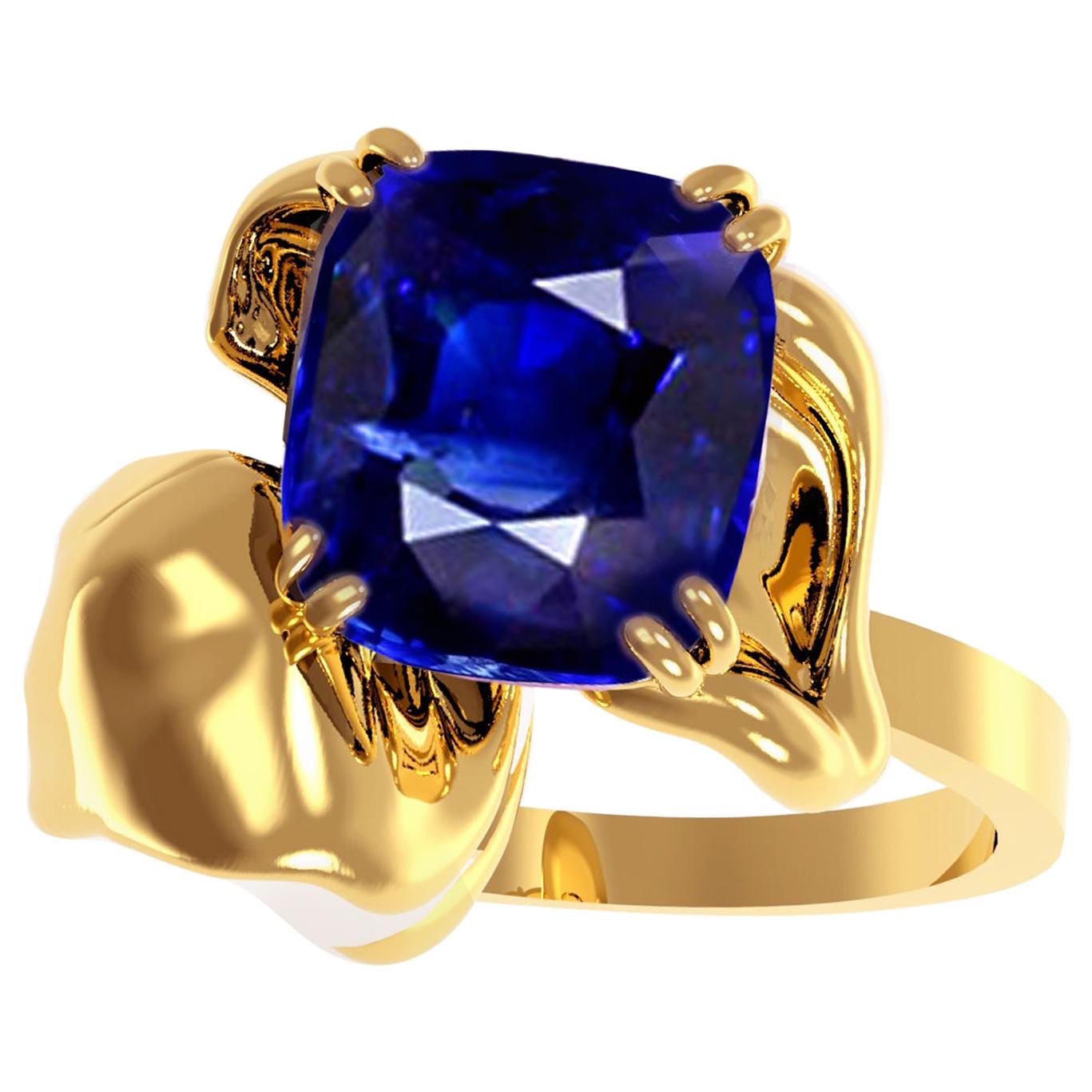 Eighteen Karat Gold Contemporary Cocktail Ring with Dark Blue Cushion Sapphire For Sale