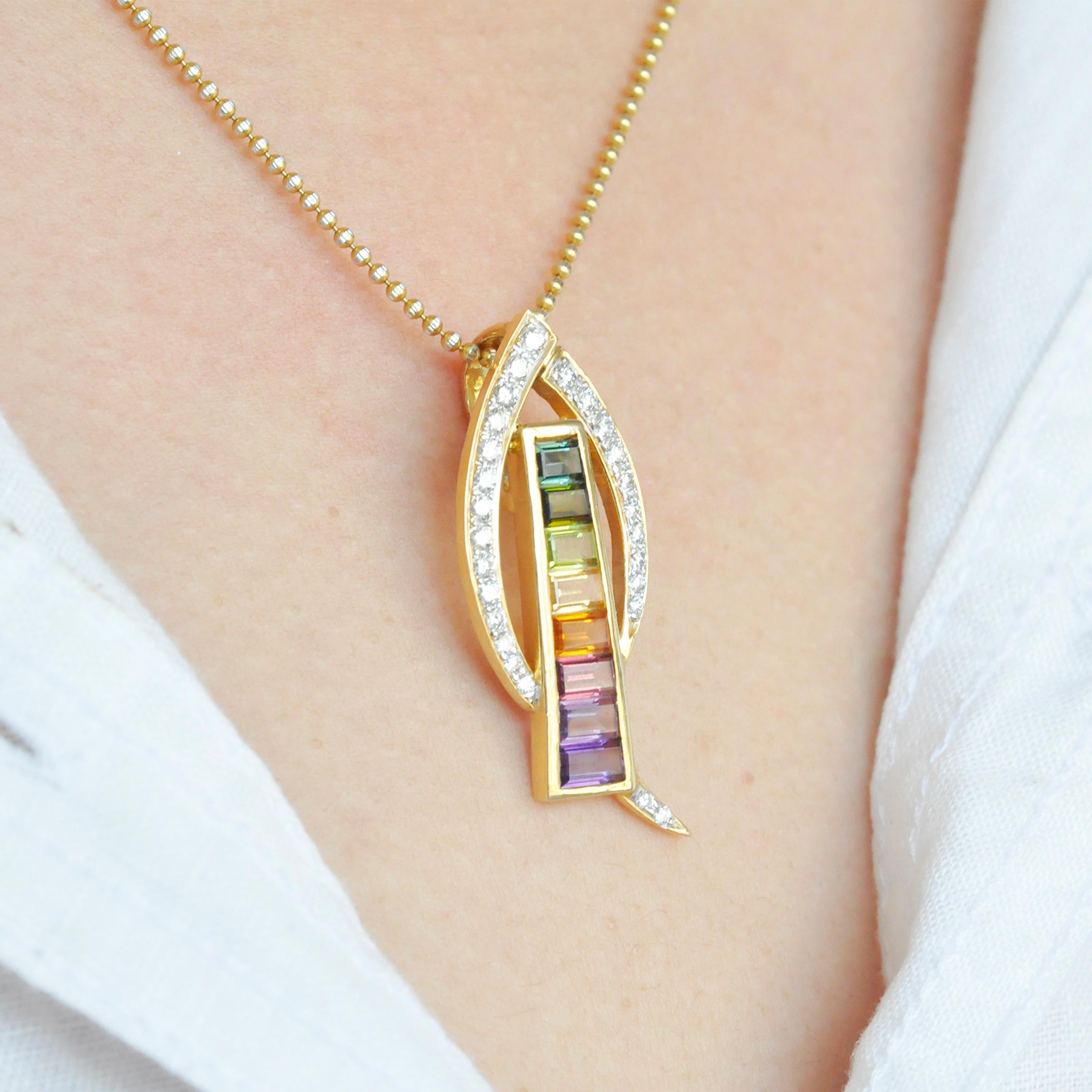18 Karat Gold Contemporary Rainbow Multicolor Gemstone Diamond Pendant Necklace For Sale 5