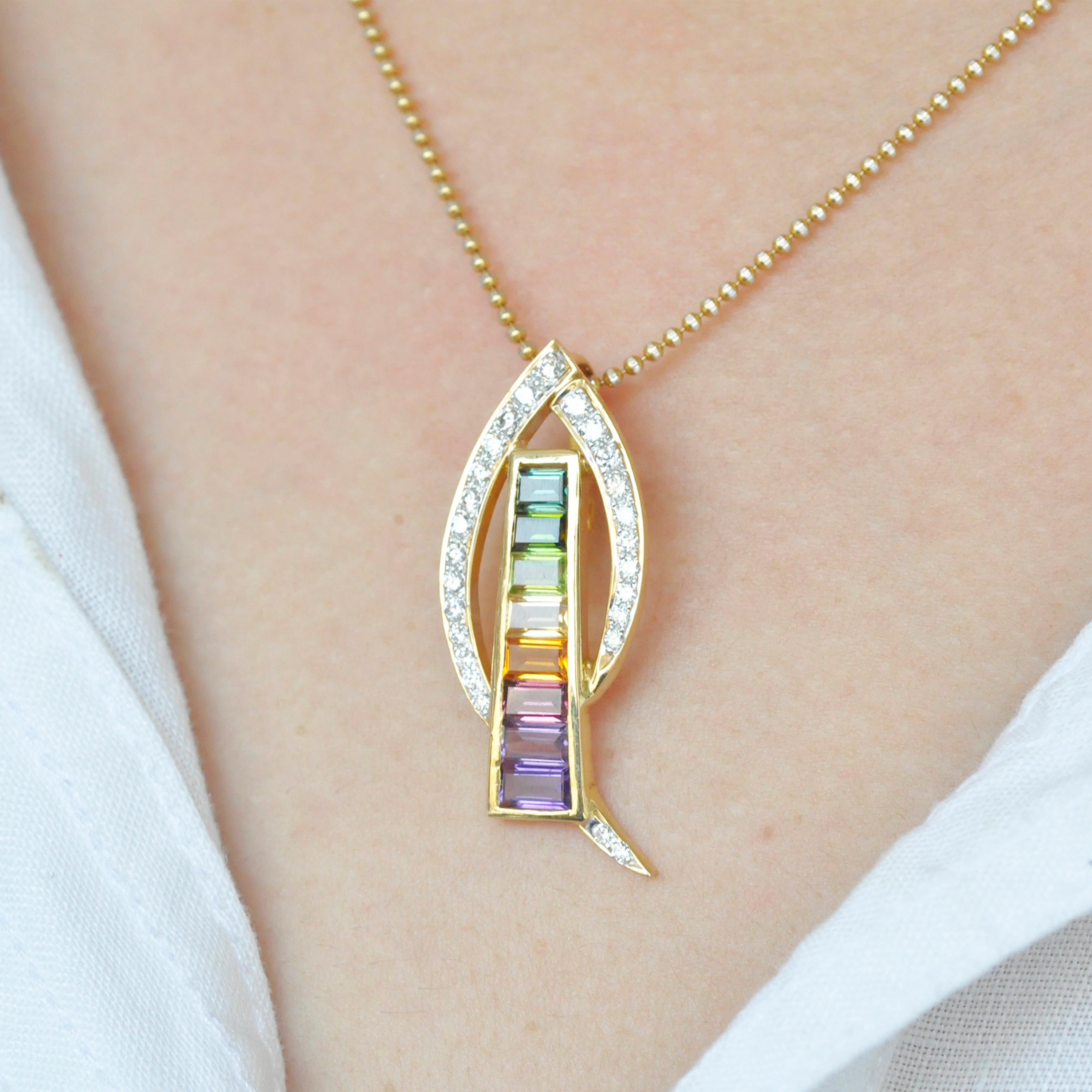 18 Karat Gold Contemporary Rainbow Multicolor Gemstone Diamond Pendant Necklace For Sale 6