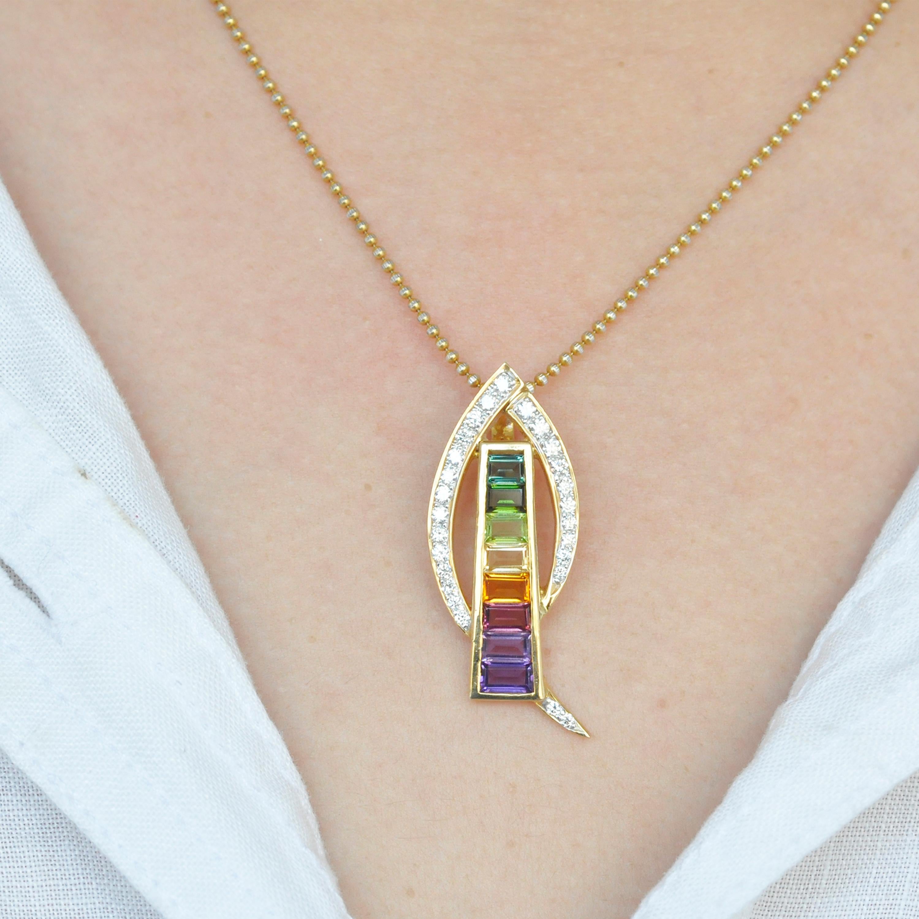 18 Karat Gold Contemporary Rainbow Multicolor Gemstone Diamond Pendant Necklace For Sale 7