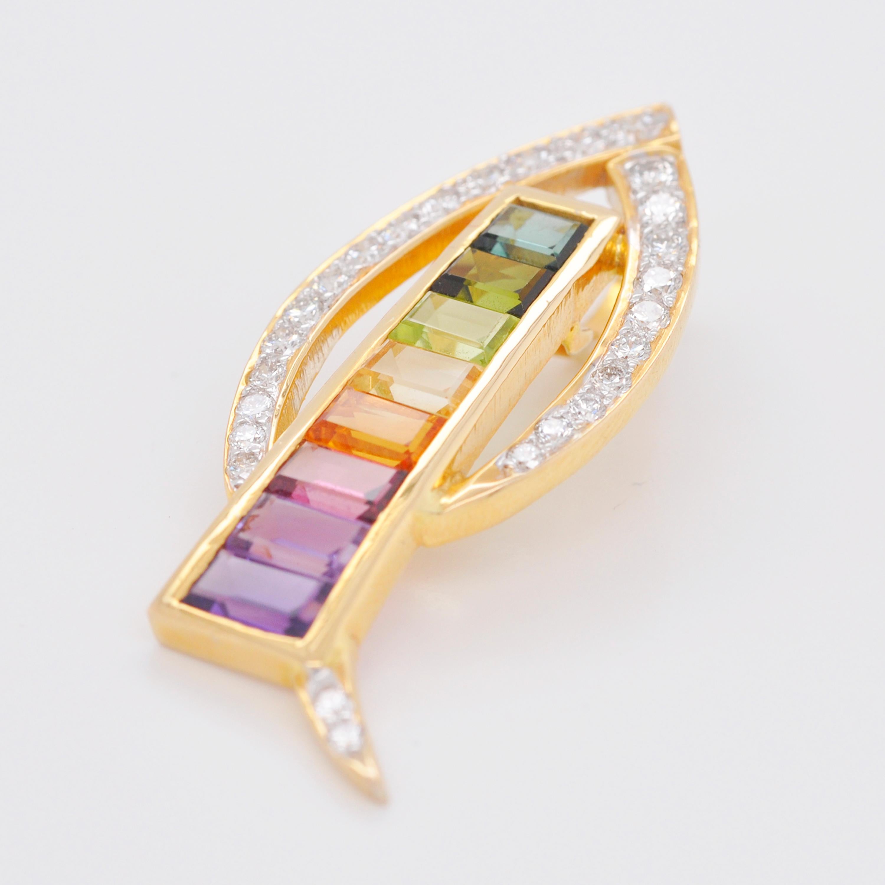 Tapered Baguette 18 Karat Gold Contemporary Rainbow Multicolor Gemstone Diamond Pendant Necklace For Sale