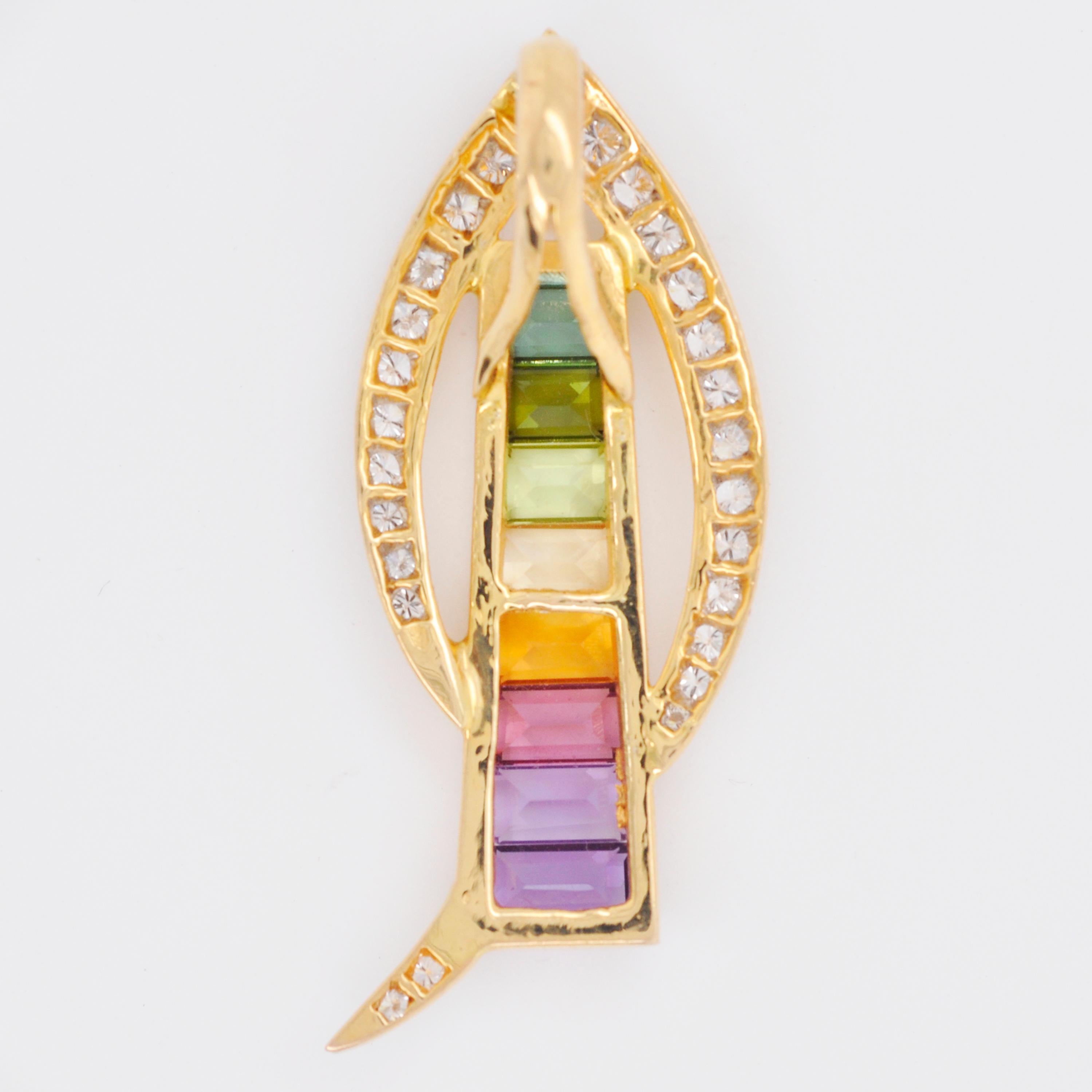 Taille navette Collier pendentif contemporain en or 18 carats avec diamants et pierres précieuses multicolores en forme d'arc-en-ciel en vente