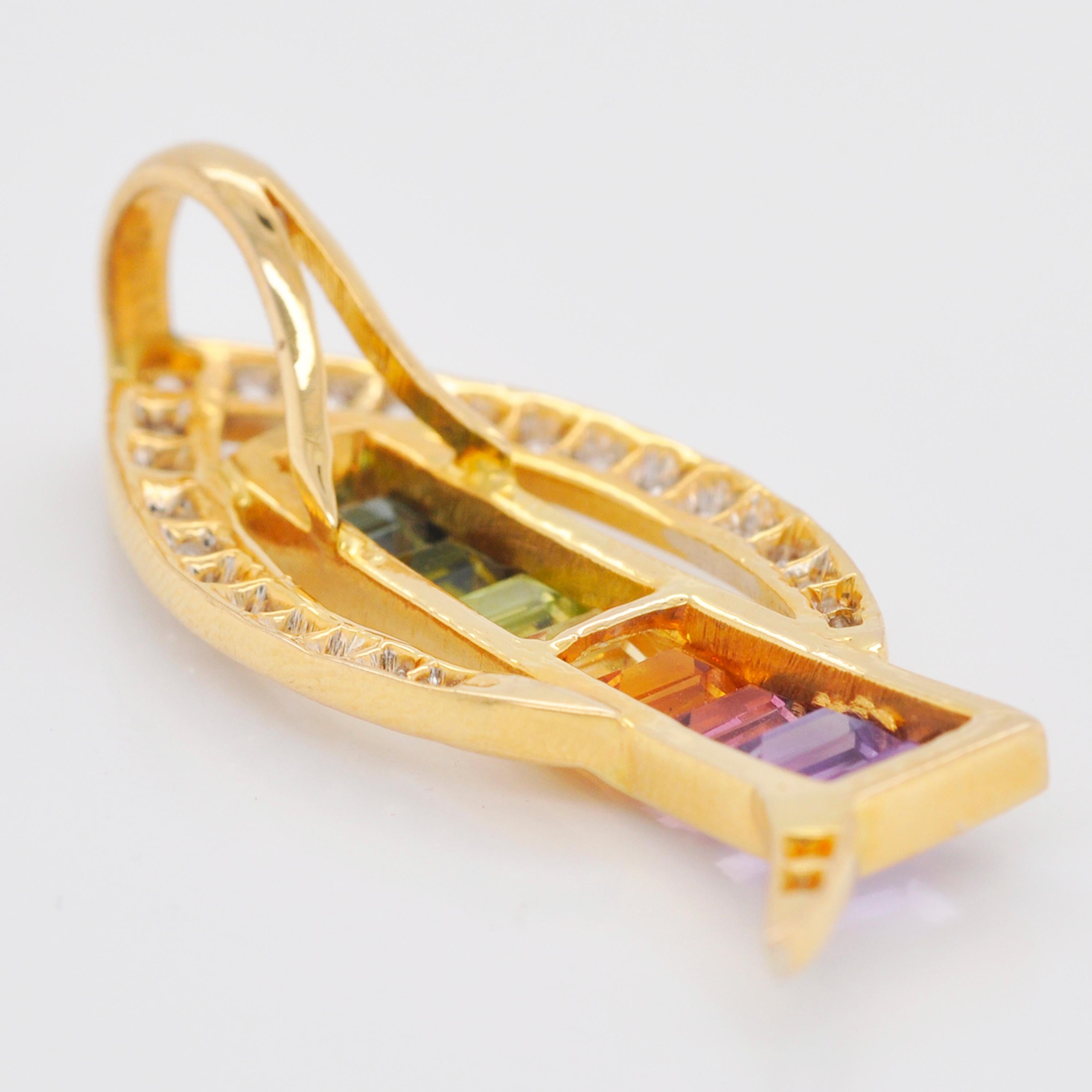 Women's 18 Karat Gold Contemporary Rainbow Multicolor Gemstone Diamond Pendant Necklace For Sale