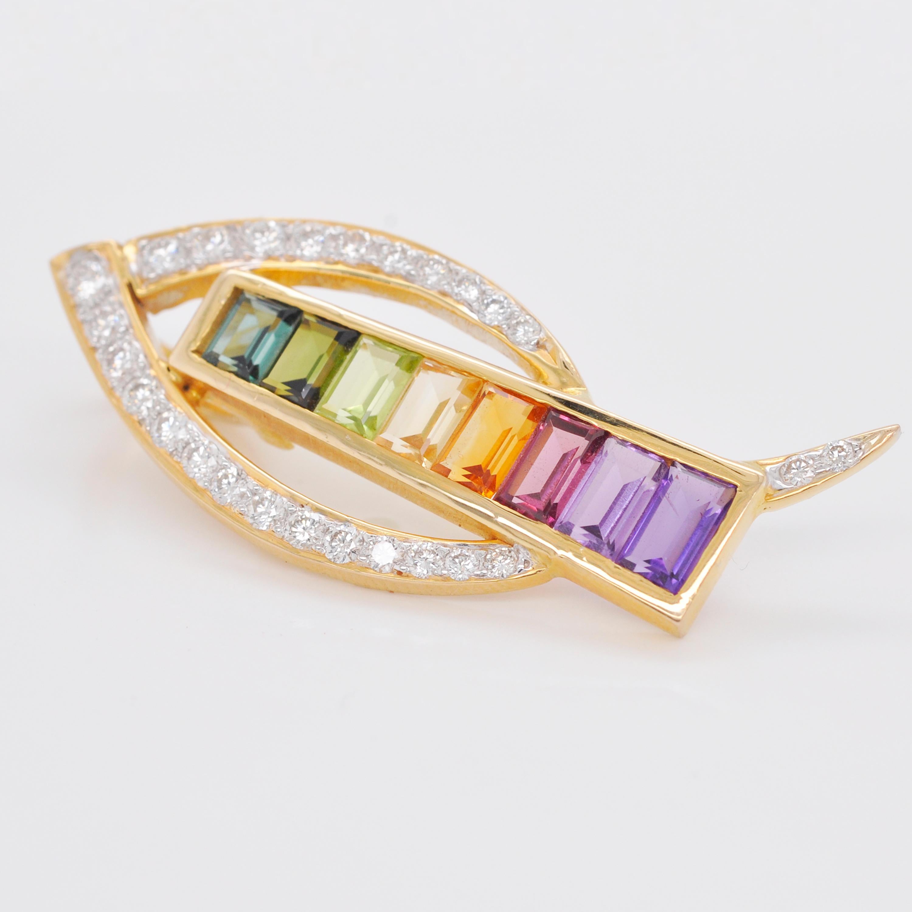 Collier pendentif contemporain en or 18 carats avec diamants et pierres précieuses multicolores en forme d'arc-en-ciel en vente 1