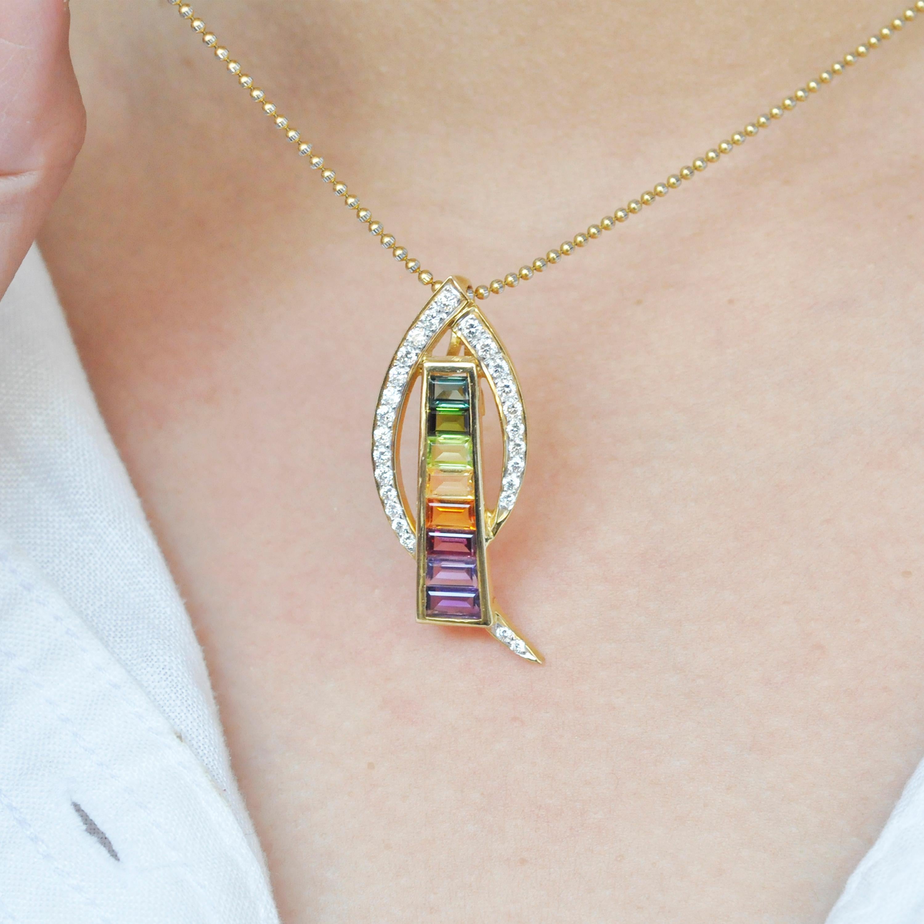 18 Karat Gold Contemporary Rainbow Multicolor Gemstone Diamond Pendant Necklace For Sale 4