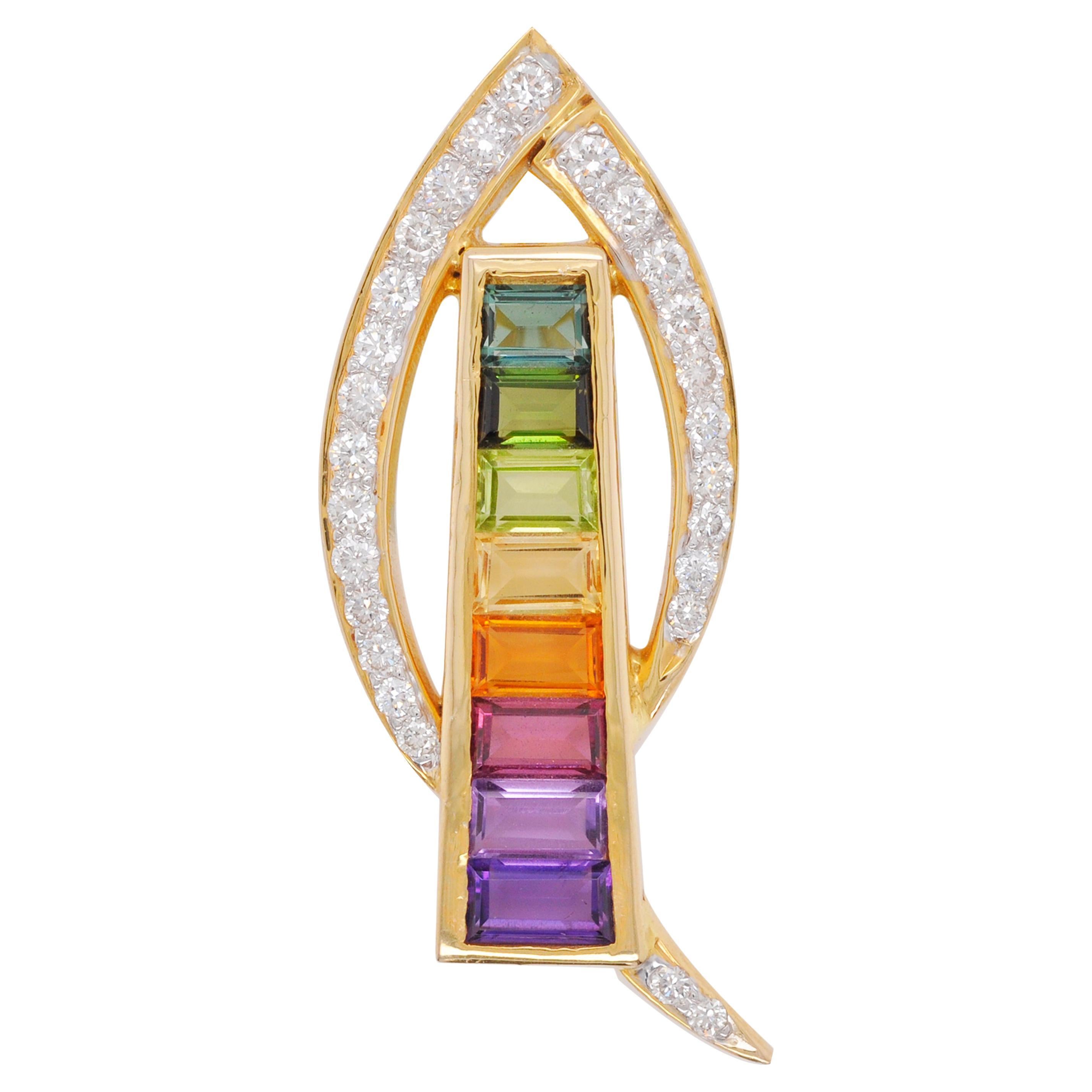 Collier pendentif contemporain en or 18 carats avec diamants et pierres précieuses multicolores en forme d'arc-en-ciel