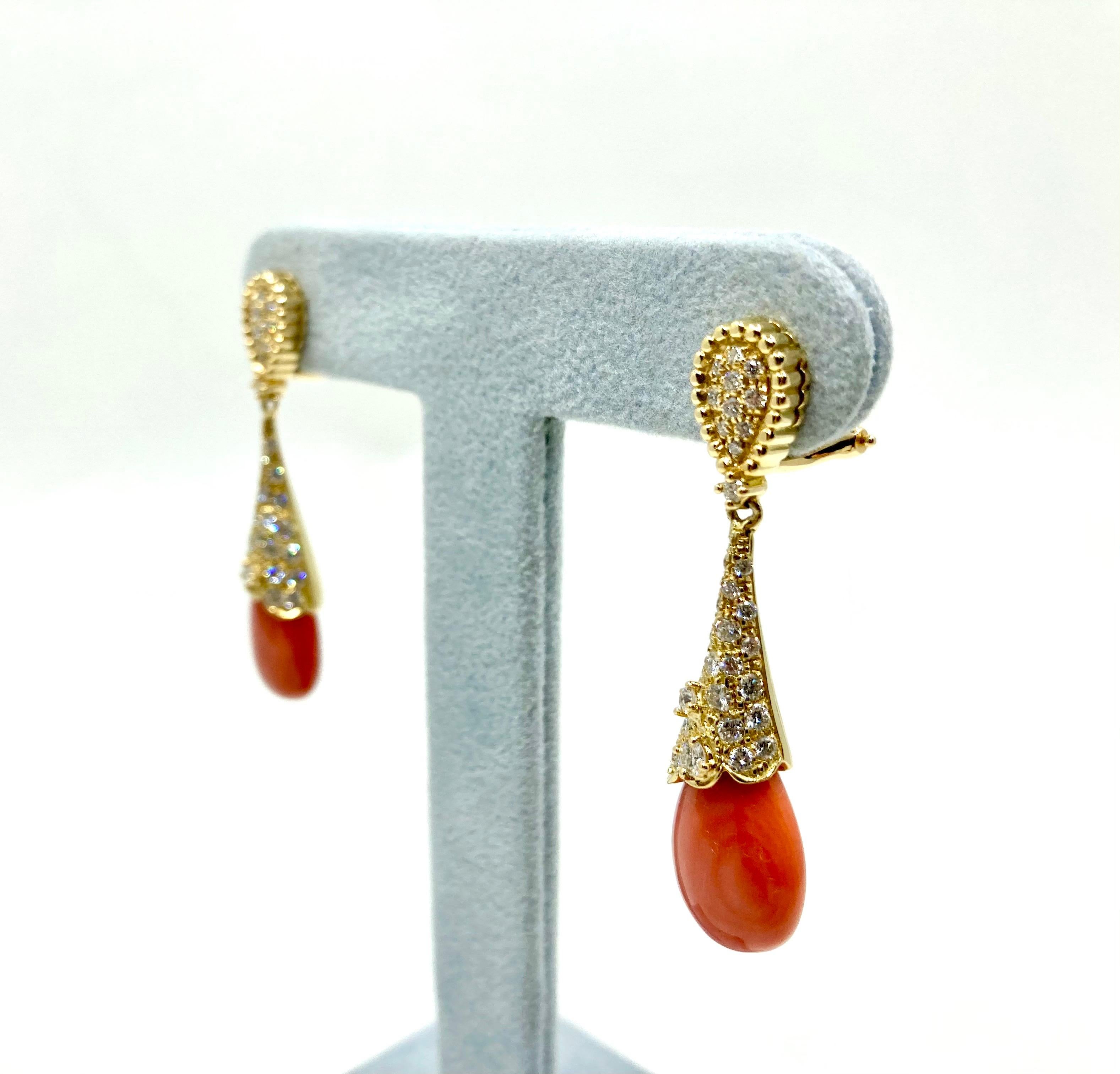 Modern 18 Karat Gold Coral and Diamonds Italian Earrings For Sale