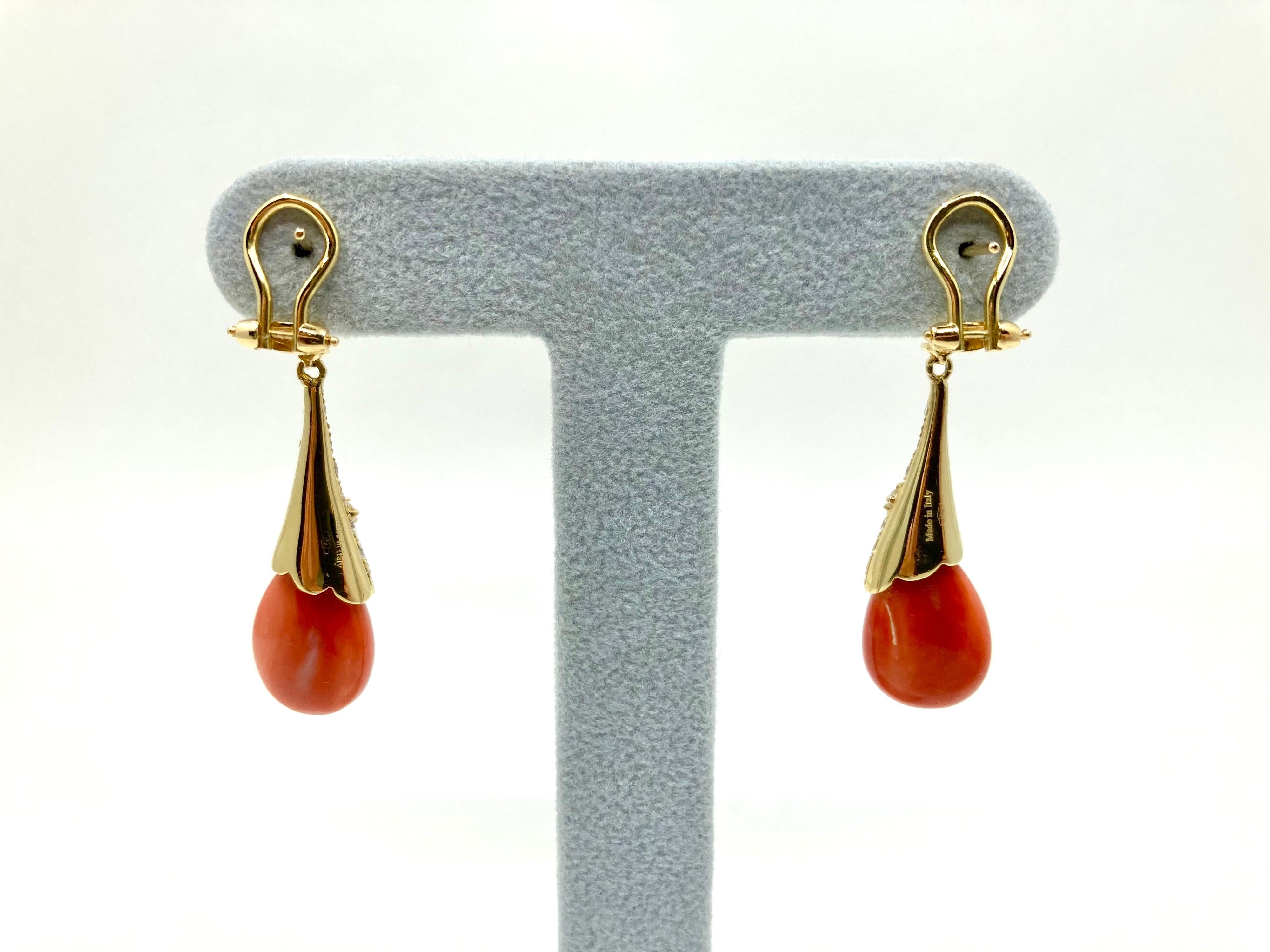 Pear Cut 18 Karat Gold Coral and Diamonds Italian Earrings For Sale