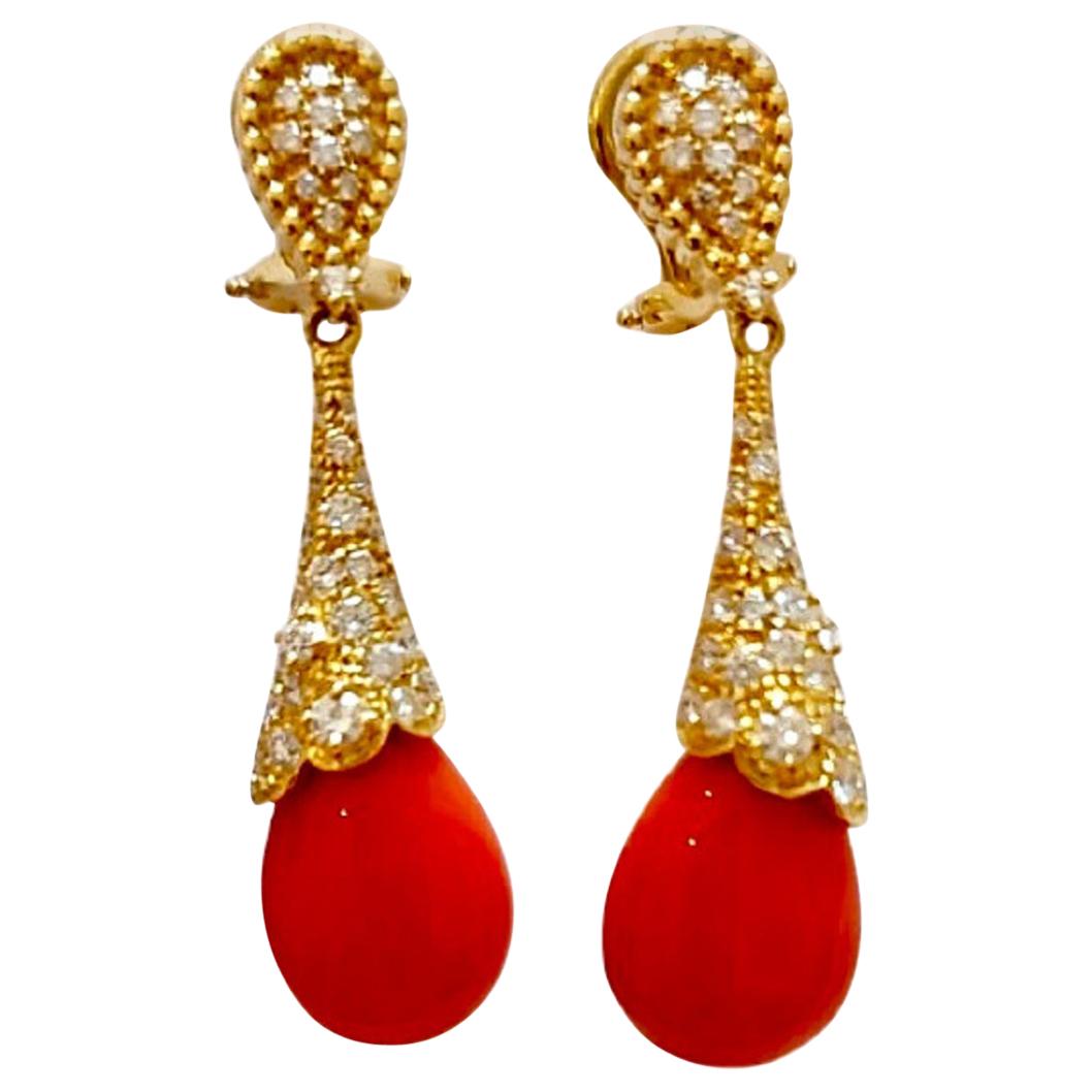 18 Karat Gold Coral and Diamonds Italian Earrings For Sale