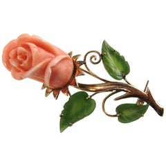 18 Karat Gold Coral and Jade Rose Floral Pin Brooch