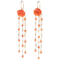 18 Karat Gold Coral Rose Mother Pearl Beads Cascade Dangle Chandelier Earrings
