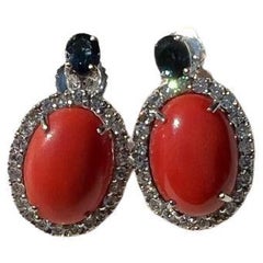 18 Karat Gold Coral Sapphire and Diamond Halo Drop Earrings