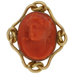 18 Karat Gold Coral Victorian Carved Head Ring