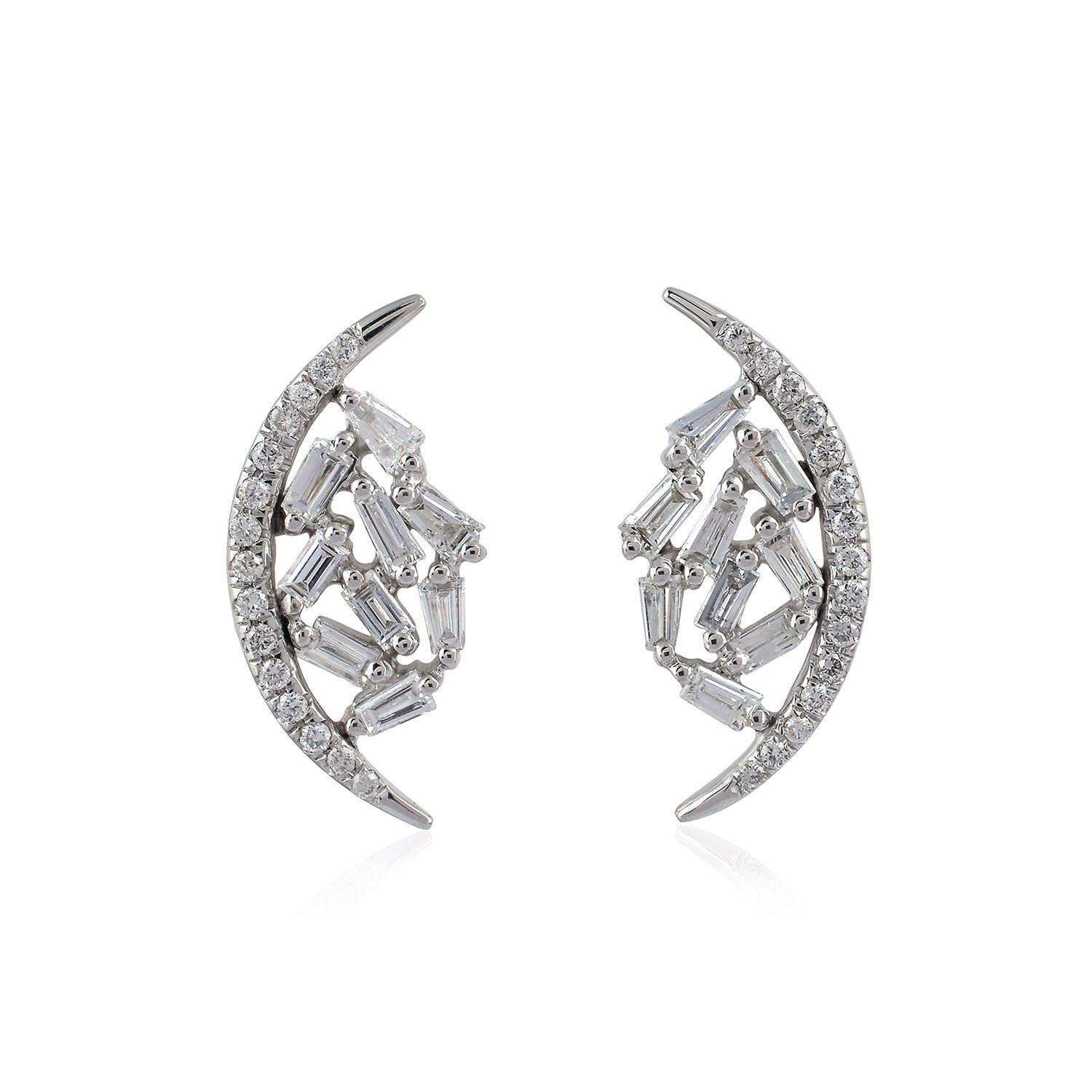 Baguette Cut 18 Karat Gold Crescent Diamond Stud Earrings For Sale