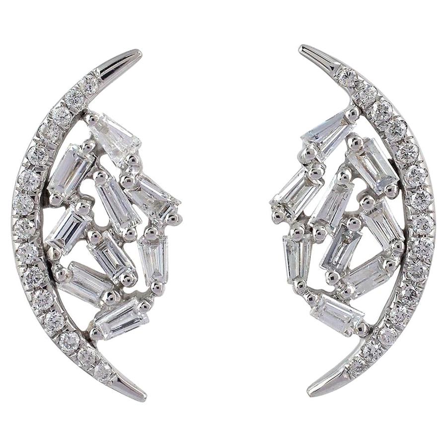 18 Karat Gold Crescent Diamond Stud Earrings For Sale