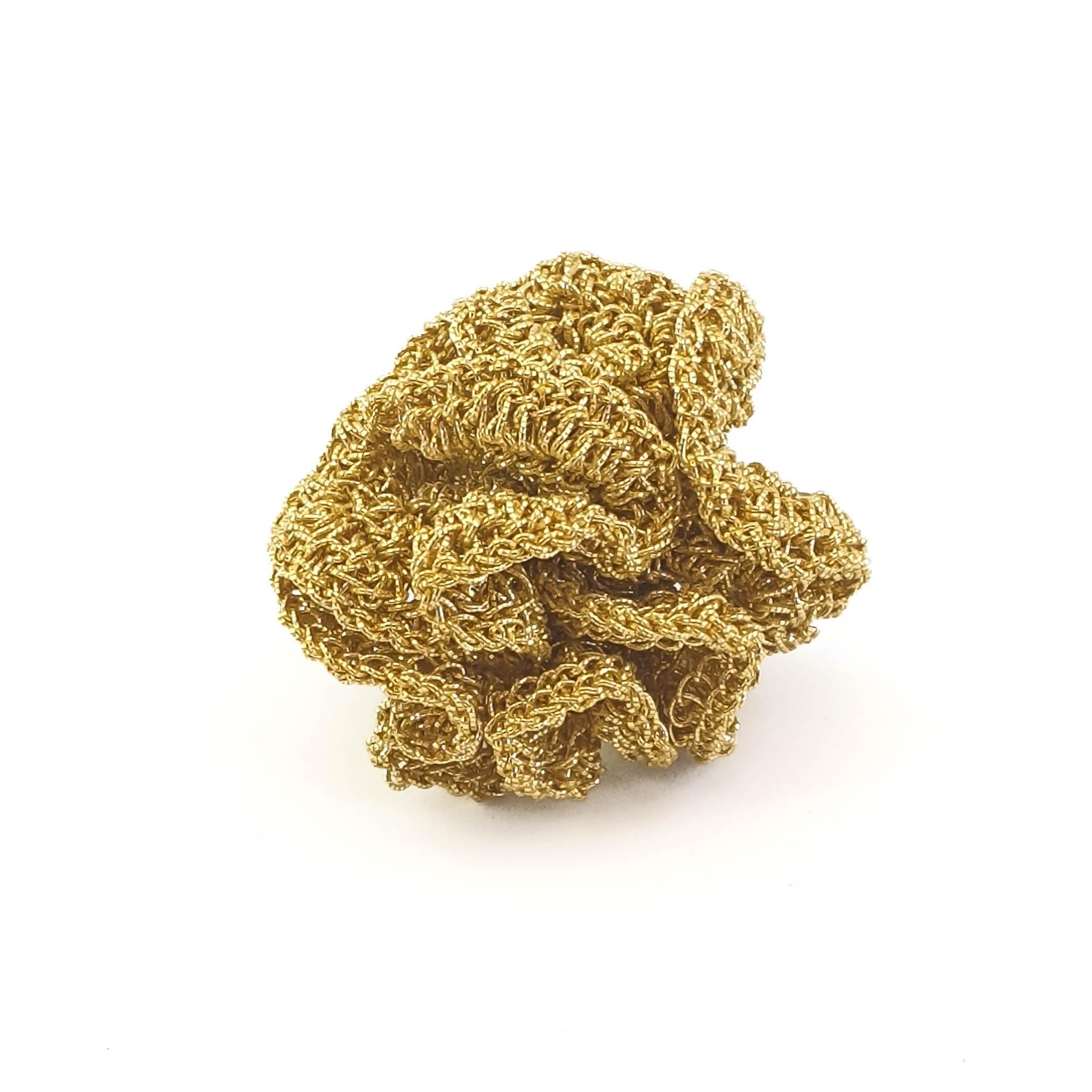 Hand crochet 18 karat gold thread cocktail ring. This ring is a one of kind statement piece in the Art Nouveau style
Weight of ring 11 grams