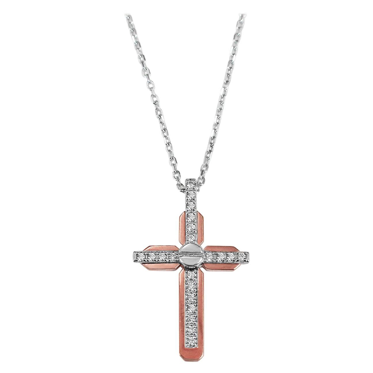 18Karat Gold Cross Pendant Necklace Two-Tone White Gold Rose Gold Diamond Pave Cross Pendant Necklace
           18K 2 tone white/rose gold cross pendant. A universal symbol of faith & belief, glittering diamonds showcased in truly timeless jewels
