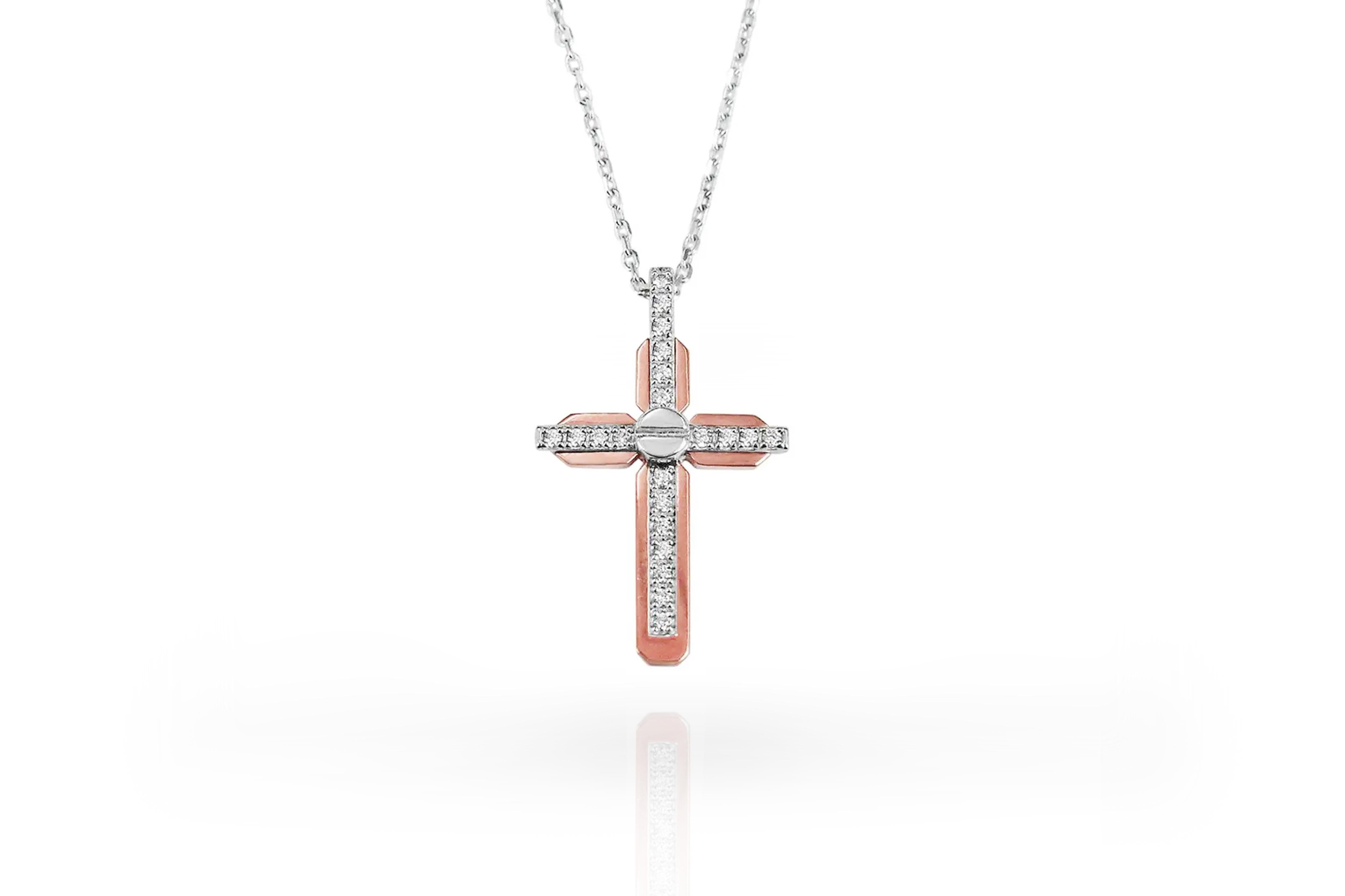 18 Karat Gold Cross Pendant Necklace Two Tone White Gold Rose Gold Diamond Pave