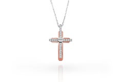 Collier pendentif croix en or 18 carats avec pavé de diamants en or blanc et rose