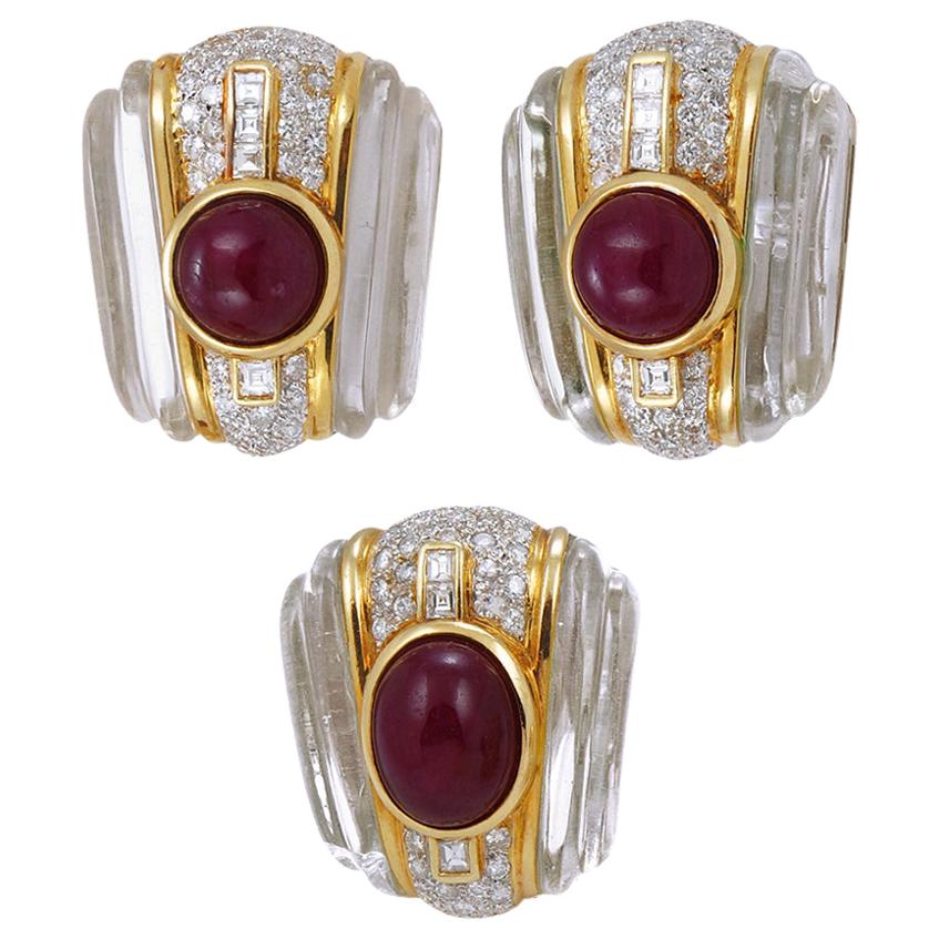 18 Karat Gold Crystal, Cabochon Ruby and Diamond Earrings Suite