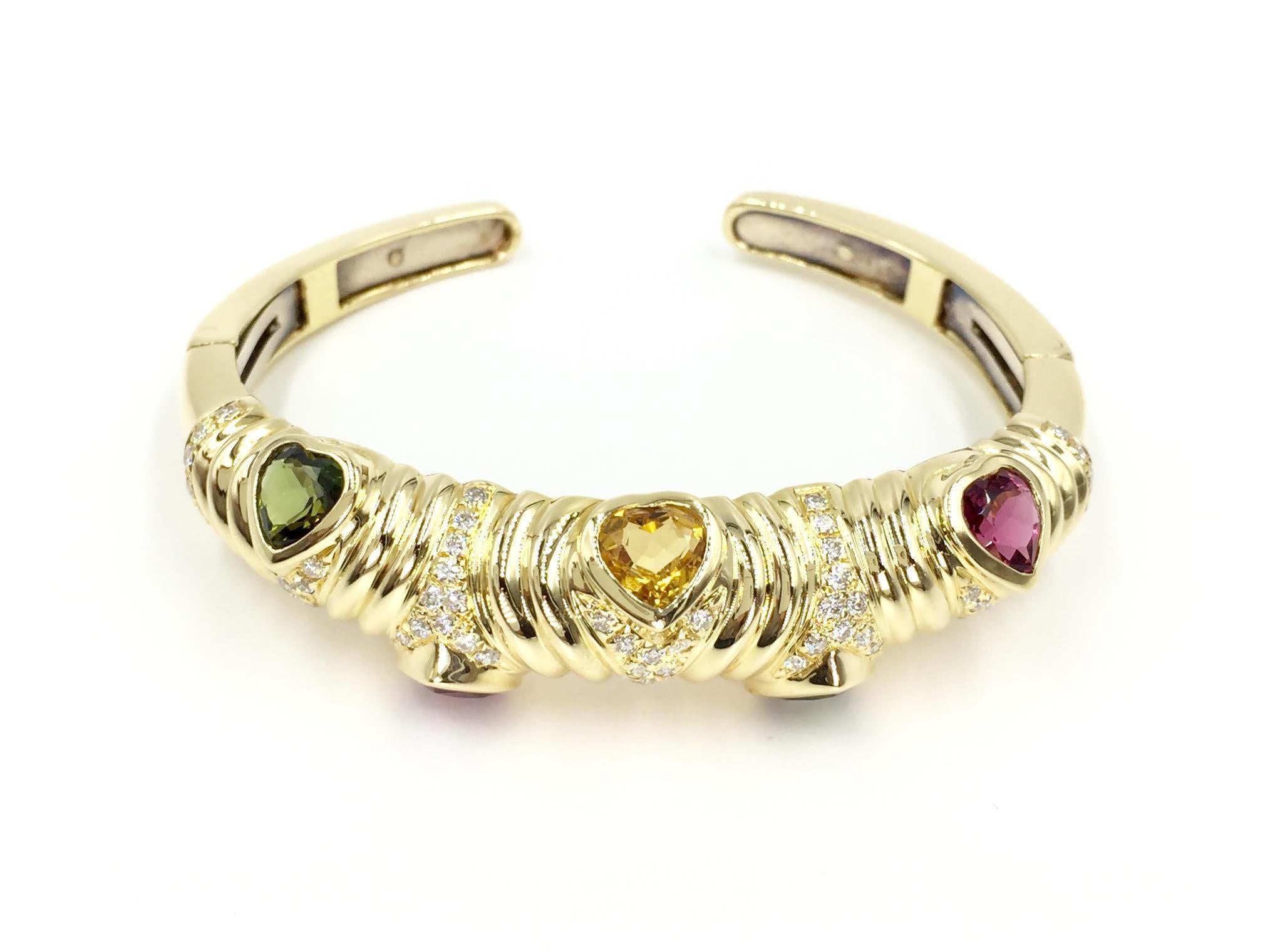 18 Karat Gold Cuff Bracelet with Diamonds and Semi-Precious Heart Shape Stones In Good Condition For Sale In Pikesville, MD