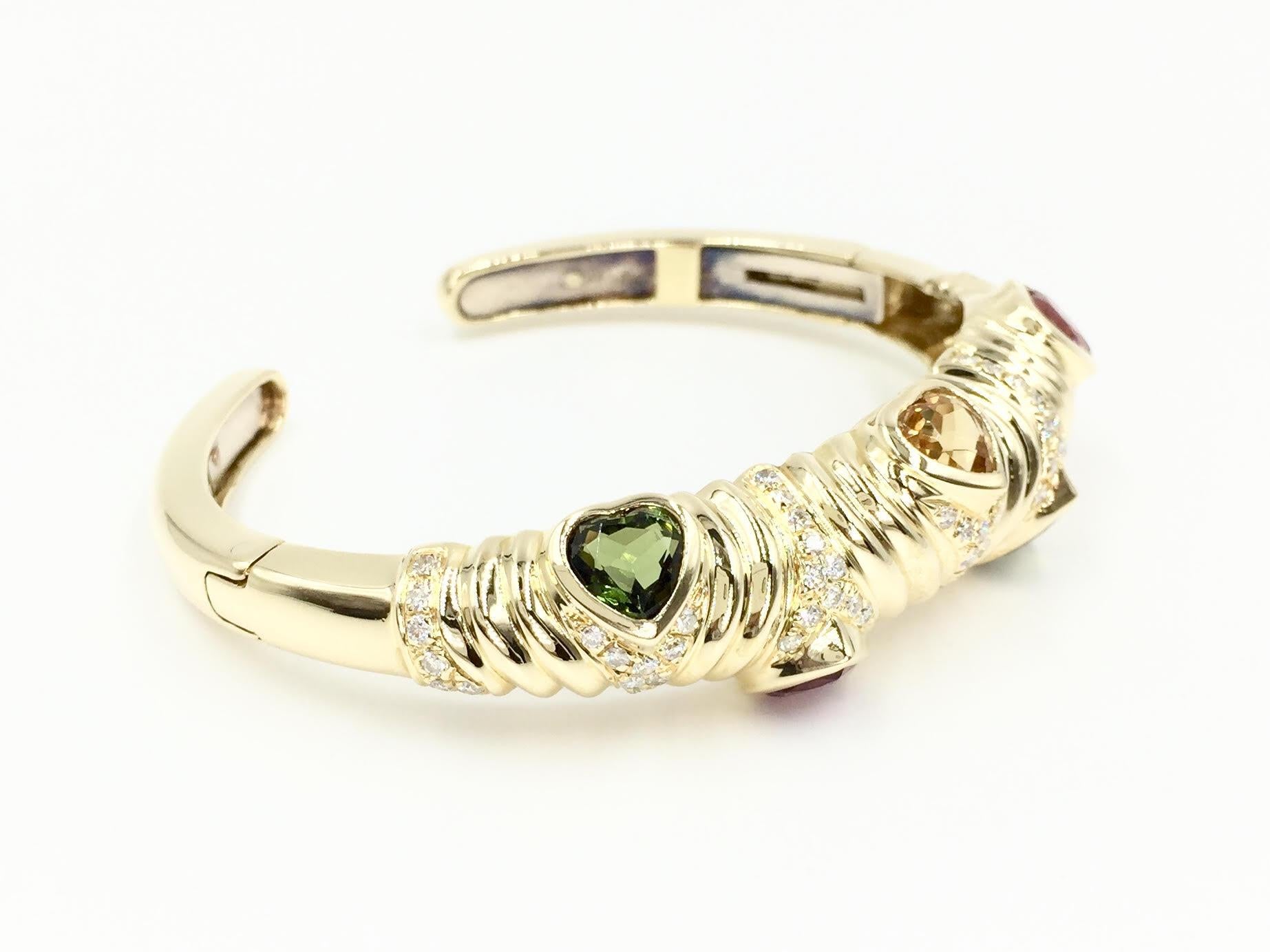 Women's 18 Karat Gold Cuff Bracelet with Diamonds and Semi-Precious Heart Shape Stones For Sale