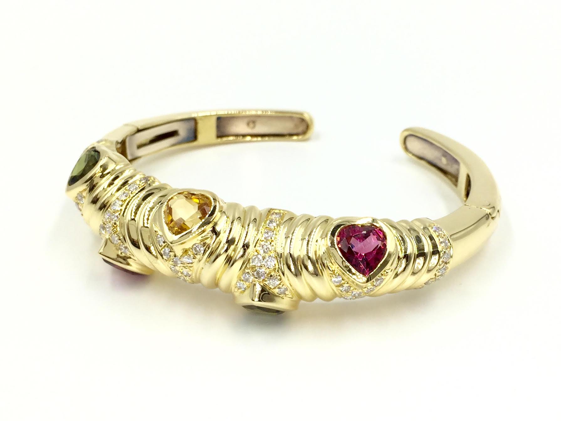 18 Karat Gold Cuff Bracelet with Diamonds and Semi-Precious Heart Shape Stones For Sale 1