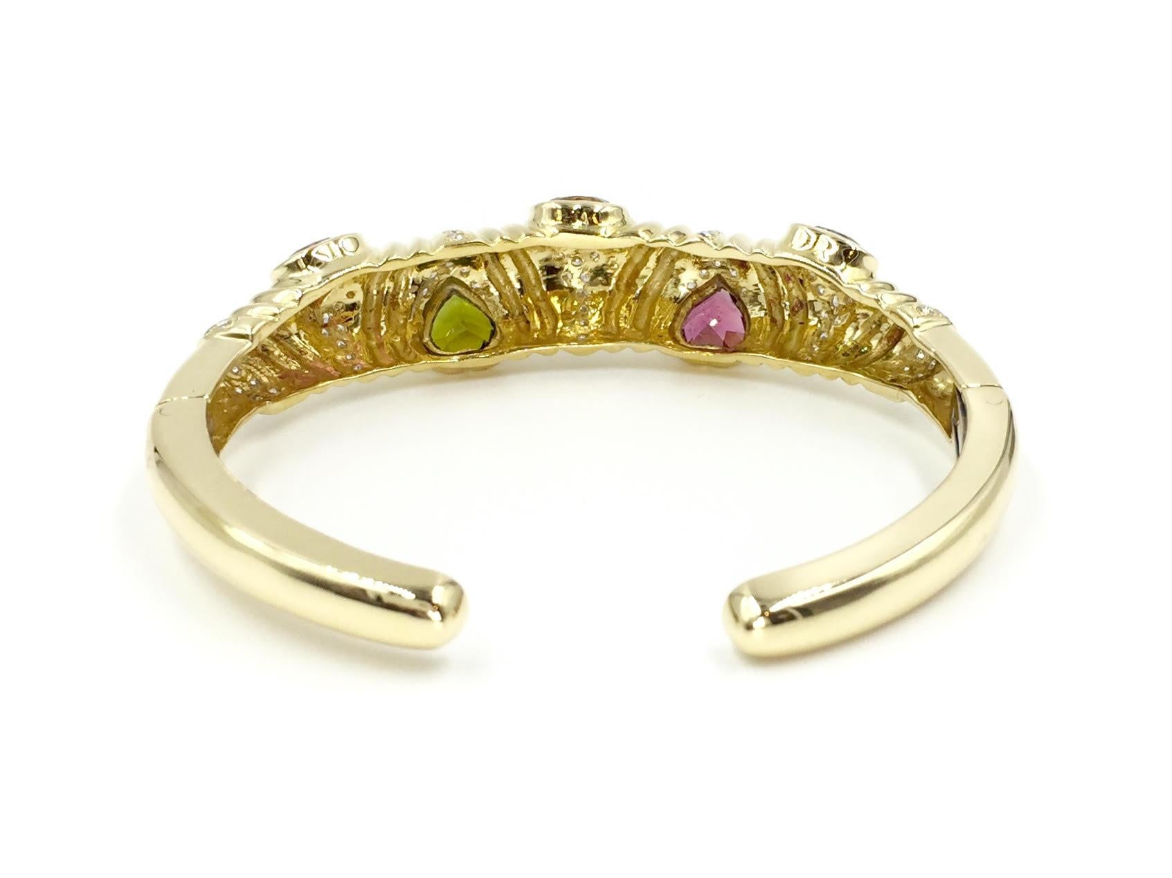 18 Karat Gold Cuff Bracelet with Diamonds and Semi-Precious Heart Shape Stones For Sale 2
