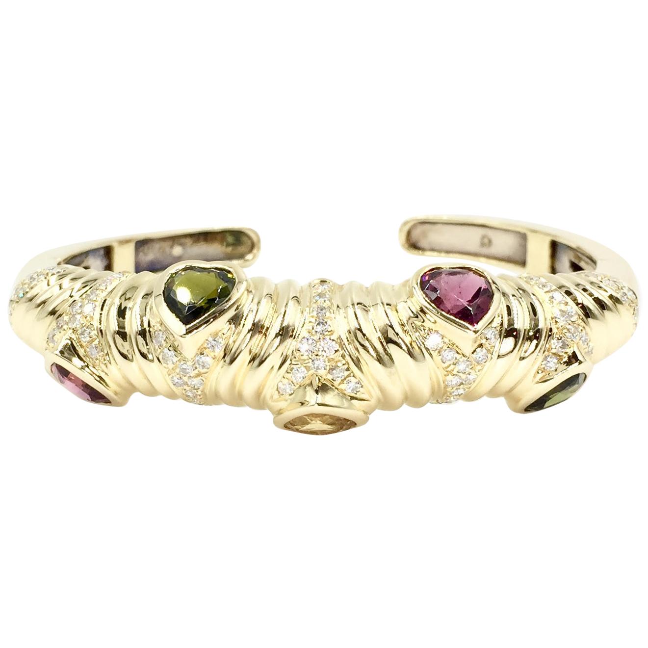 18 Karat Gold Cuff Bracelet with Diamonds and Semi-Precious Heart Shape Stones For Sale