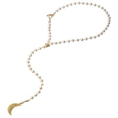 18 Karat Gold, Cultured Pearl and Diamond Crescent Moon and Stars Necklace