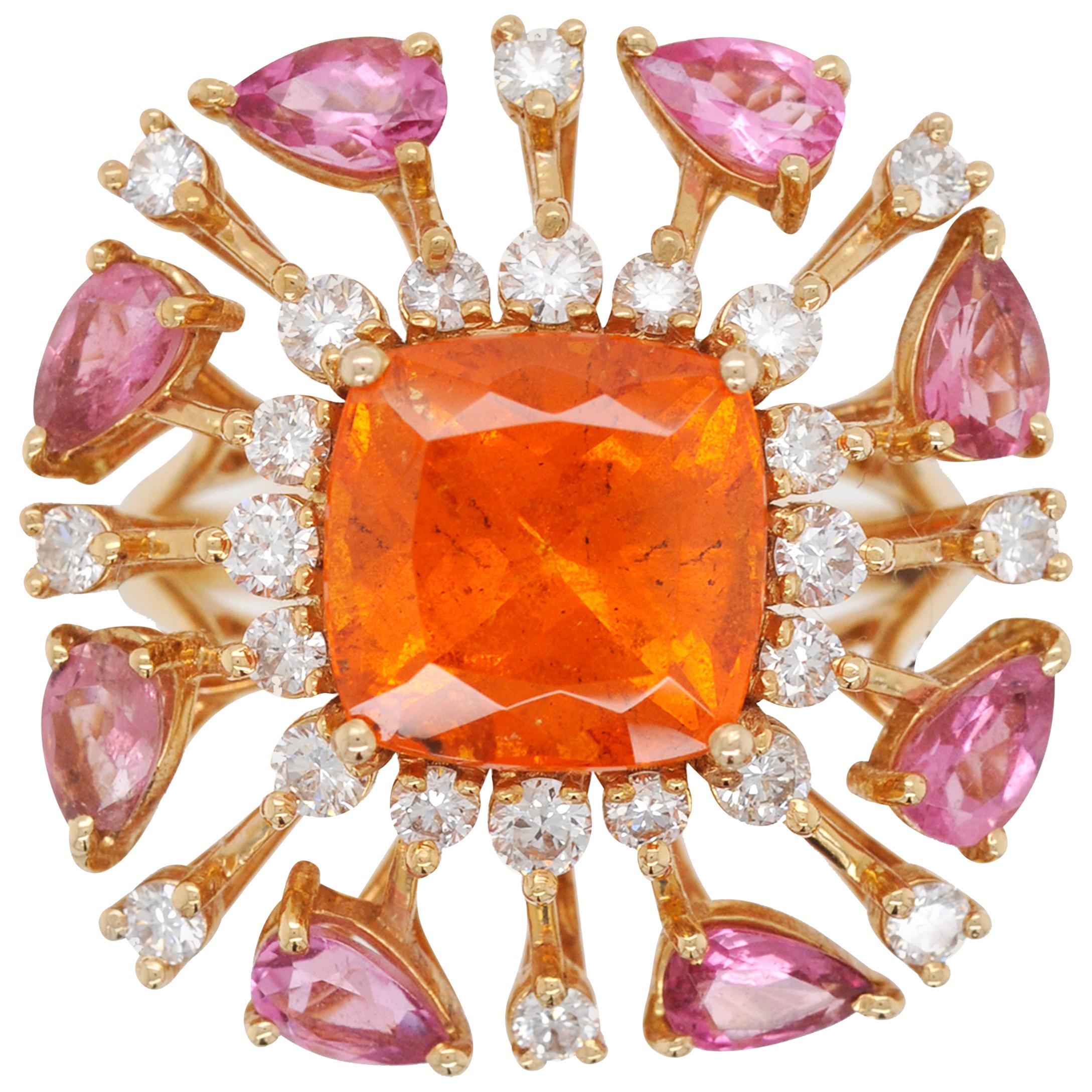 18 Karat Gold Spessartine Cushion Mandarin Garnet Pink Tourmaline Diamond Ring