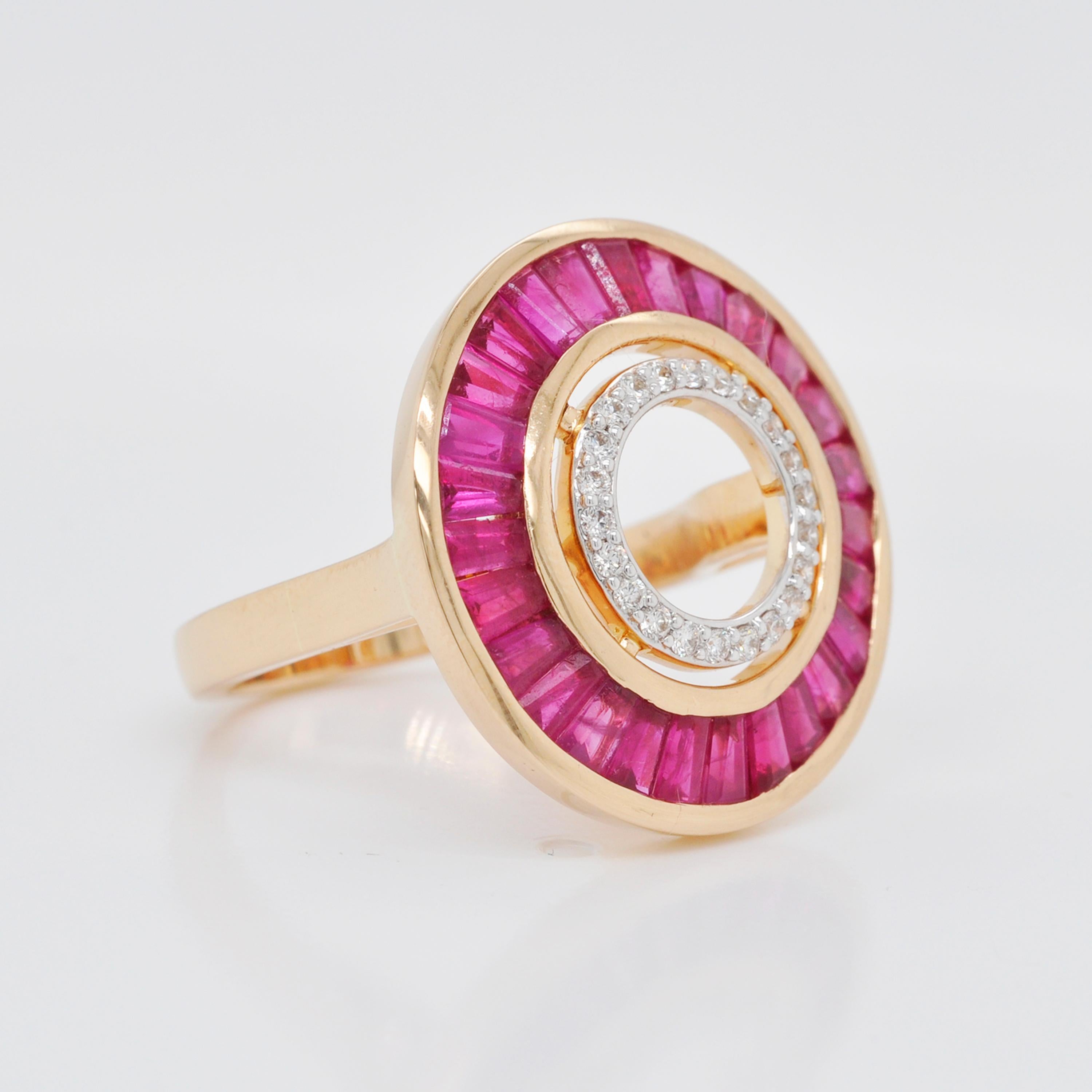 18 Karat Gold Custom Cut Burma Ruby Baguette Diamond Art Deco Style Ring In New Condition In Jaipur, Rajasthan