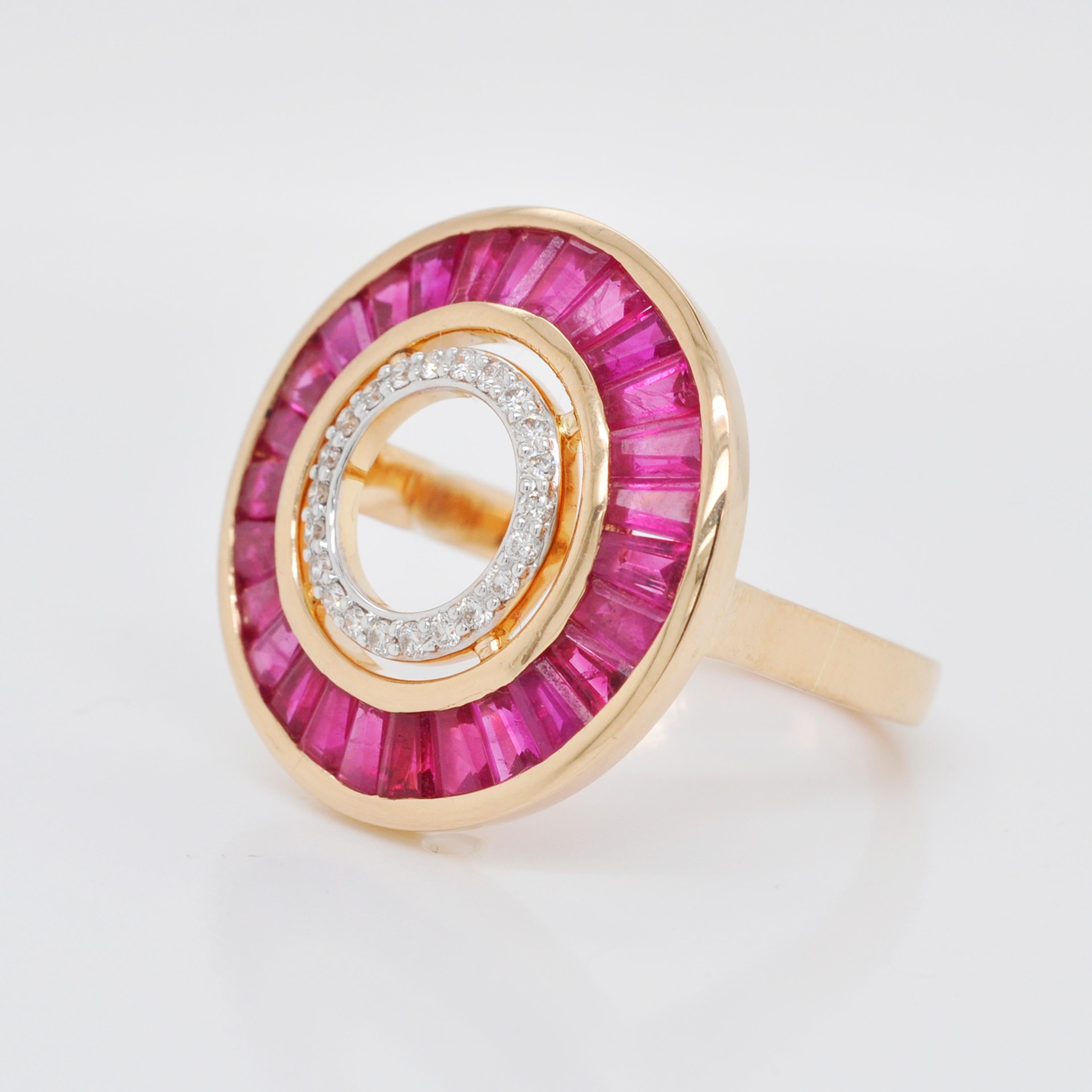 Women's 18 Karat Gold Custom Cut Burma Ruby Baguette Diamond Art Deco Style Ring
