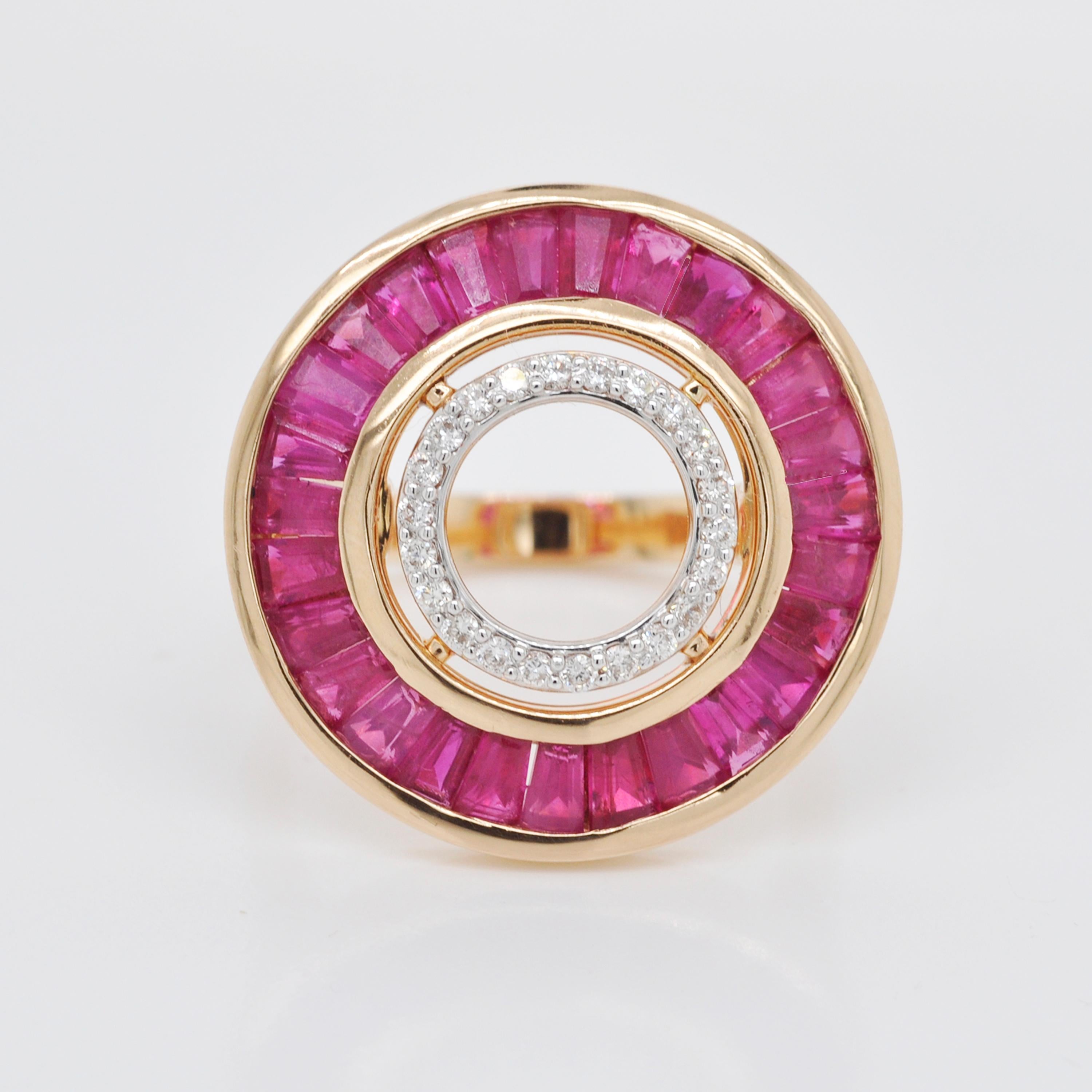 18 Karat Gold Custom Cut Burma Ruby Baguette Diamond Art Deco Style Ring 1